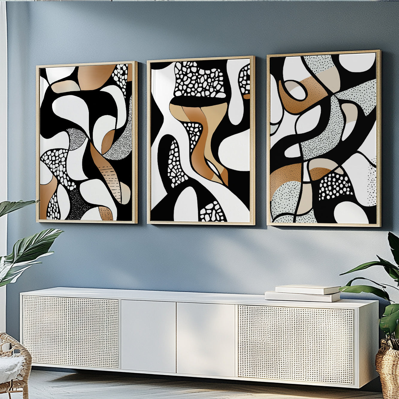 Abstract Wall Art Set of 3 – Geometric Nordic Black White Beige Art (USA)