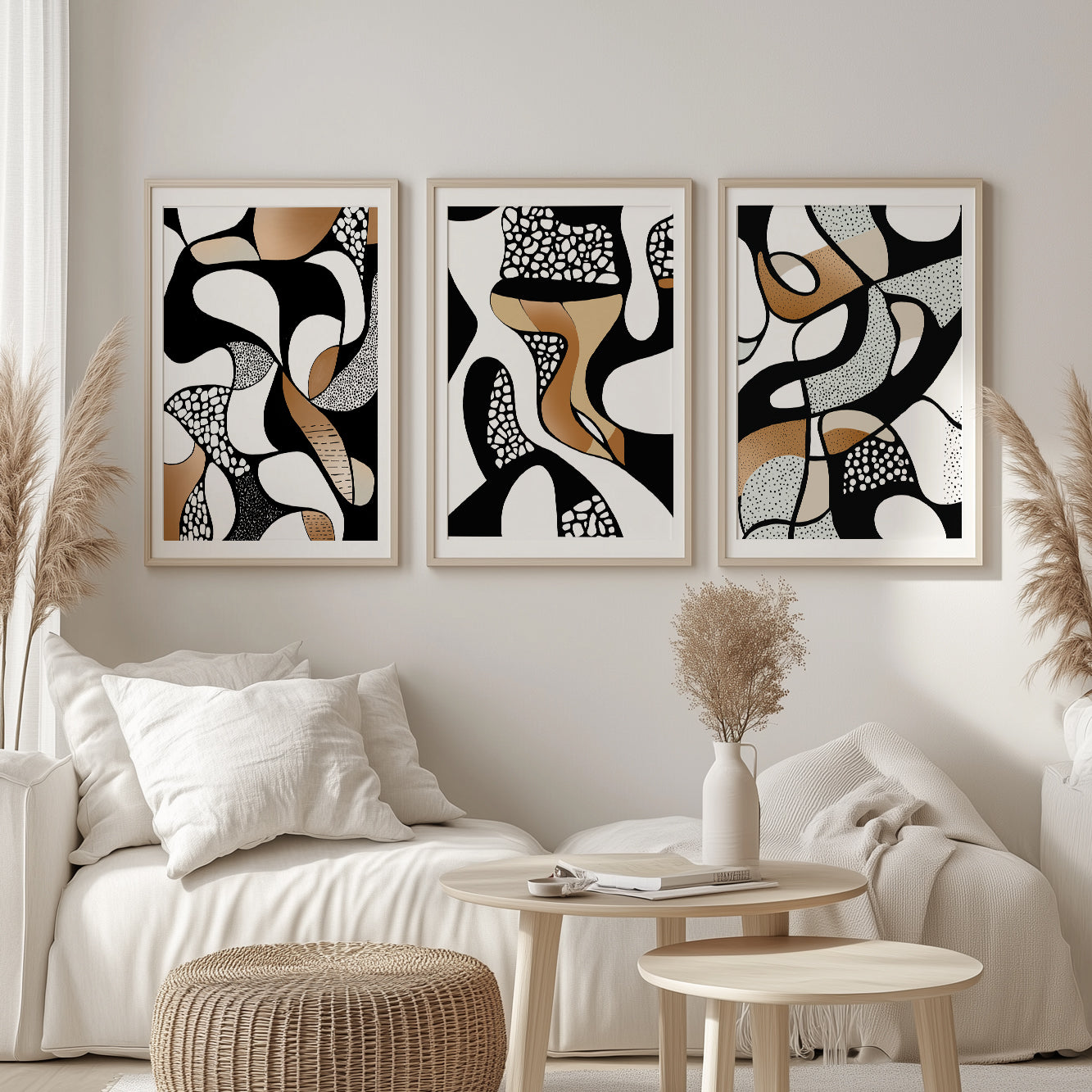 Abstract Wall Art Set of 3 – Geometric Nordic Black White Beige Art (USA)
