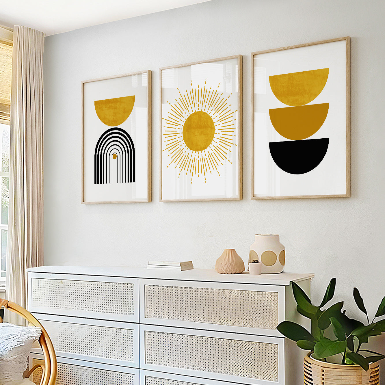 Modern Boho Wall Art Set of 3 – Black and Mustard Yellow Prints for Aesthetic Room