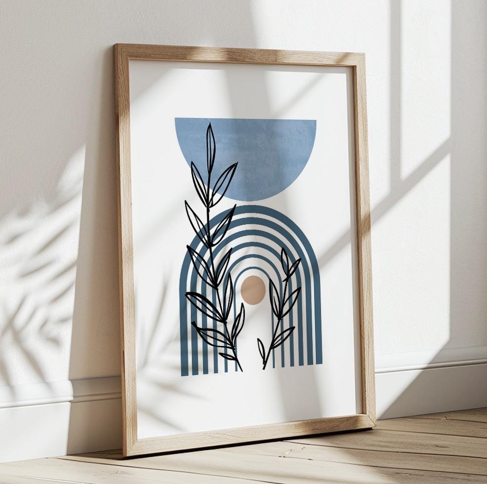 Blue boho botanical print with minimalist pastel style, perfect for mid-century modern room decor.