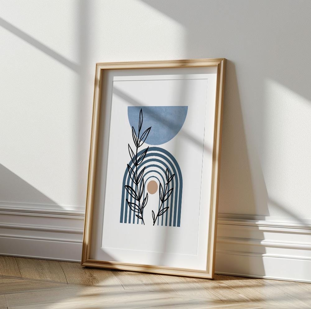 Minimalist blue wall decor print for mid-century modern or boho-inspired living rooms.