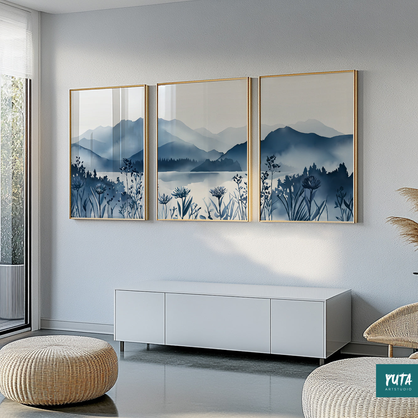 Blue mountain nature wall art prints set, minimalist and modern Scandinavian style.