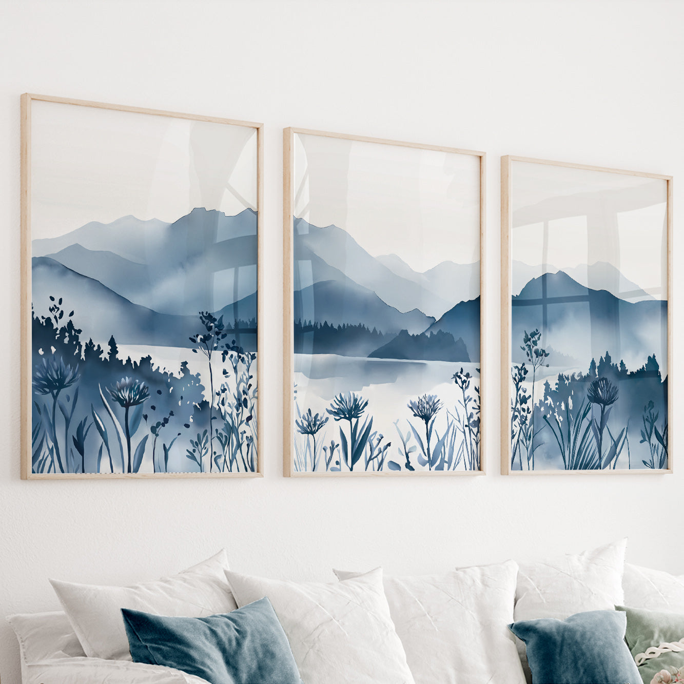Blue mountain landscape triptych wall art set for minimalist Scandinavian decor.