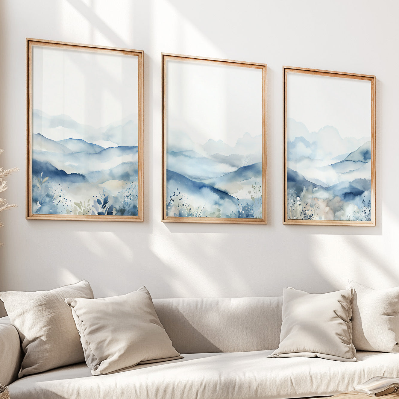 Set of 3 blue watercolor mountain prints – modern Nordic landscape wall art.