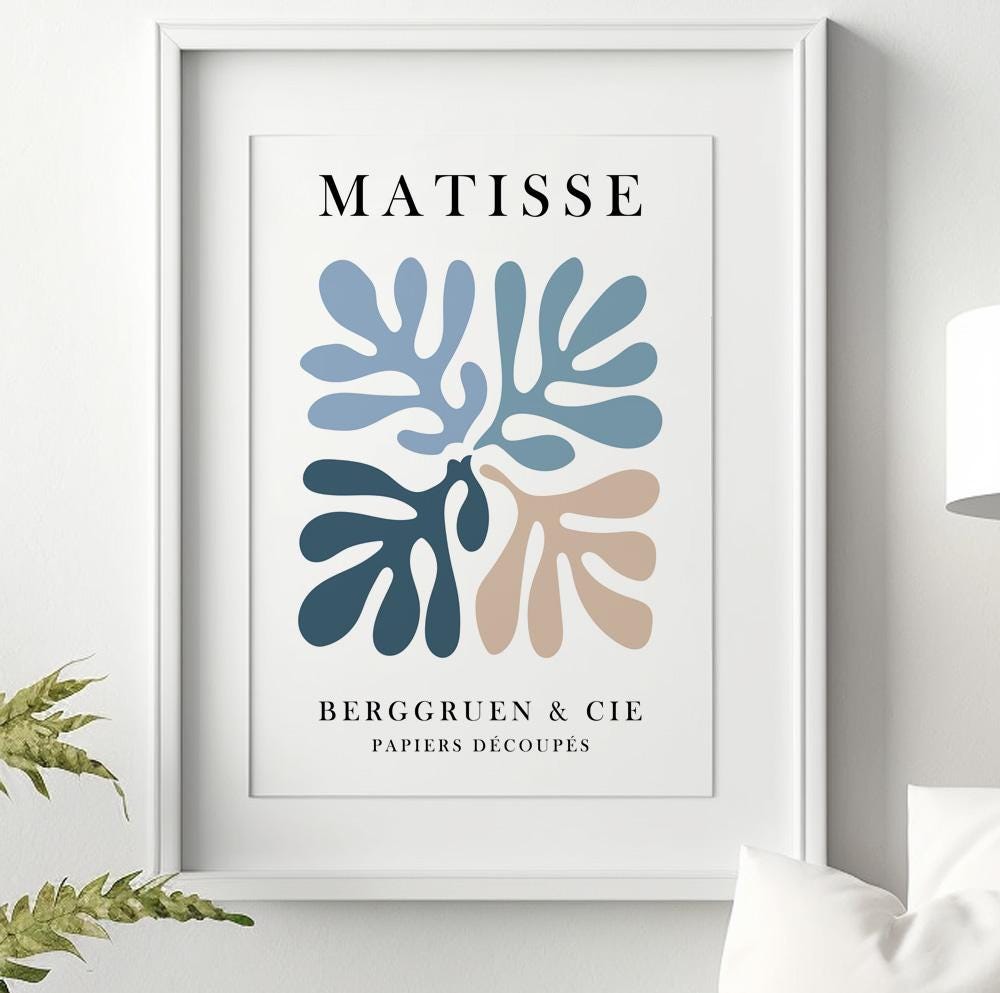 Blue pastel modern art print inspired by Matisse, perfect for calm, minimalist decor.