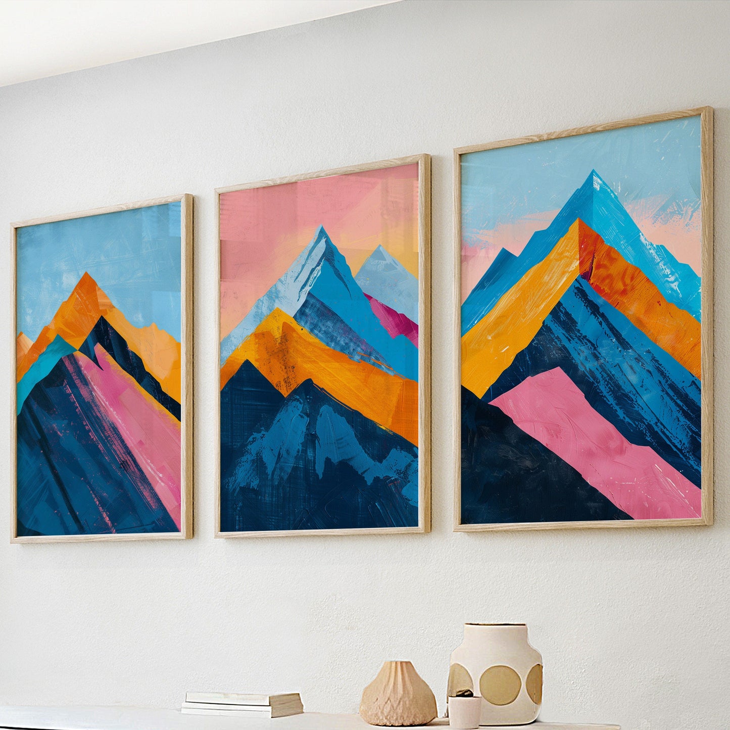 Blue and pink minimalist mountain wall art – abstract landscape posters for apartments.