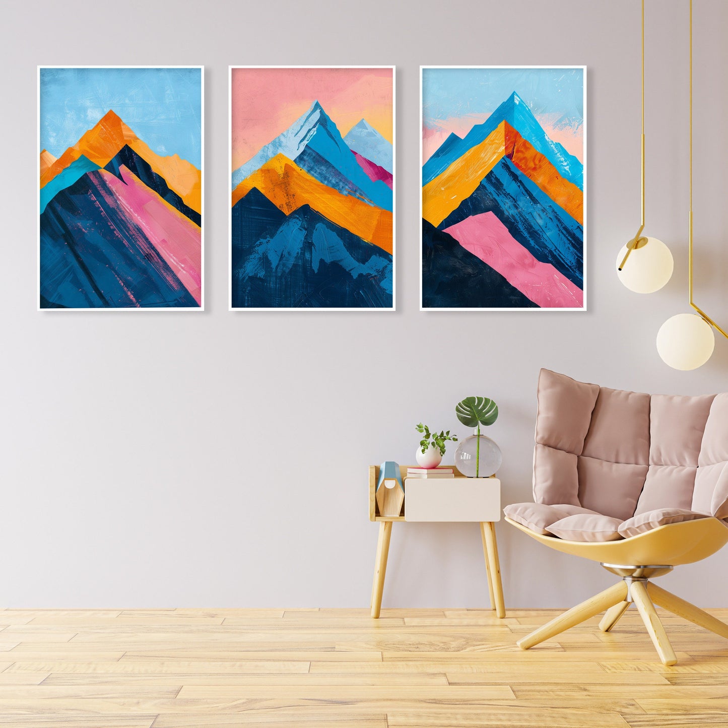 Set of 3 vibrant abstract mountains prints – colorful minimalist landscape wall art.