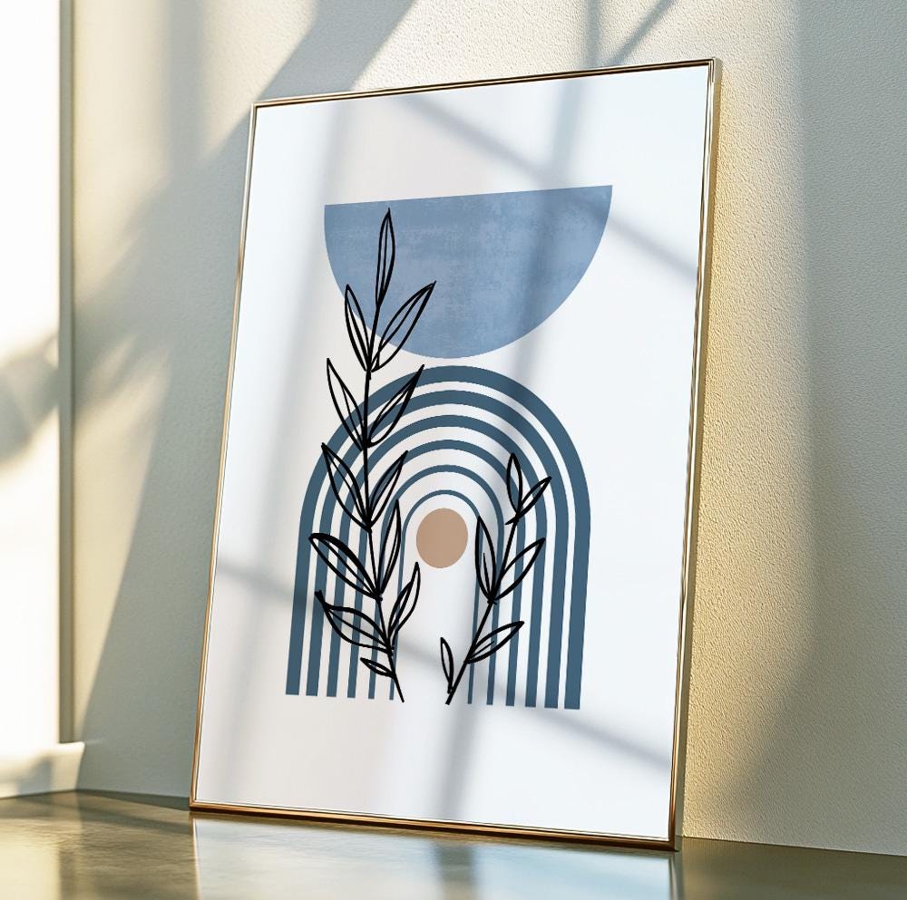 Blue Scandinavian botanical art print with minimalist and pastel mid-century style.