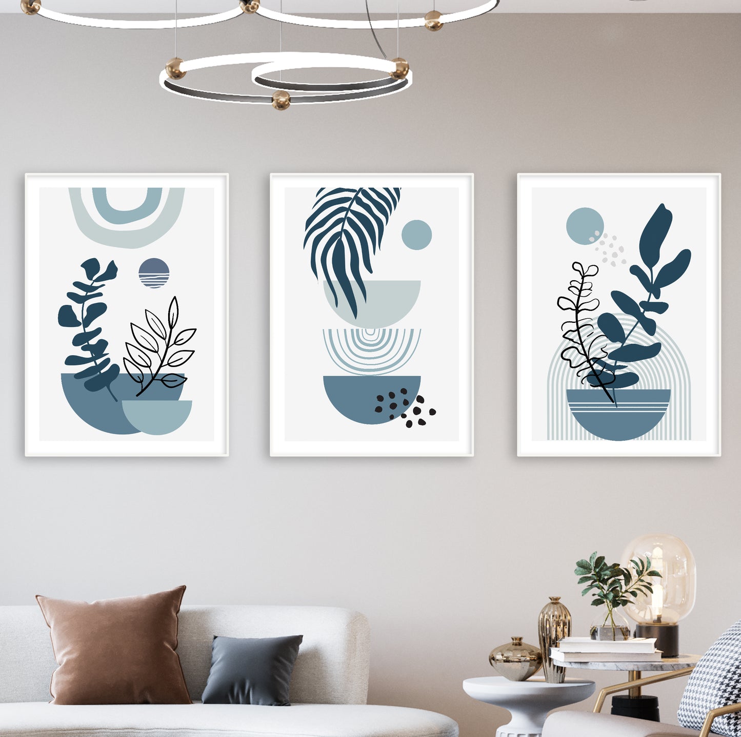 Minimalist digital art prints blending blue, white and black plant elements in artistic composition.