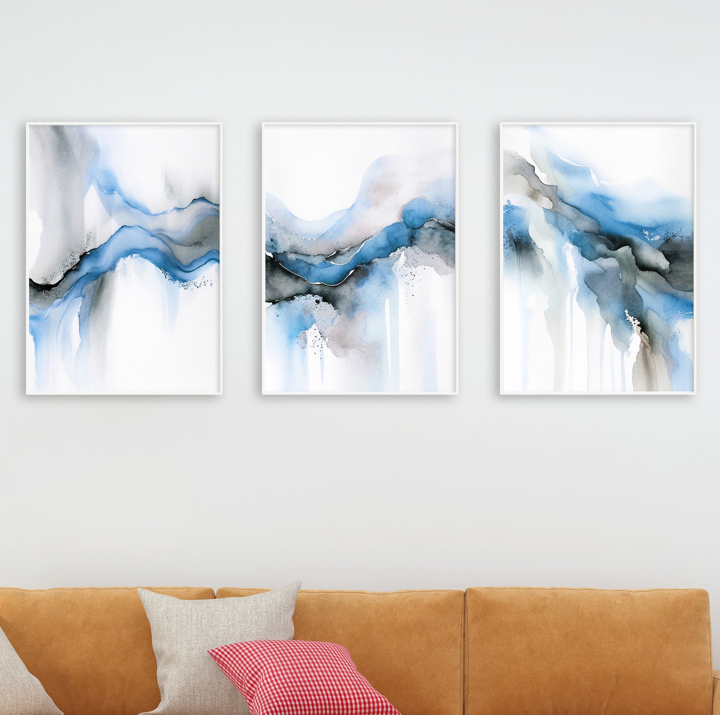 Set of abstract posters in ink-inspired style ideal for modern beach house or soft-tone interiors.