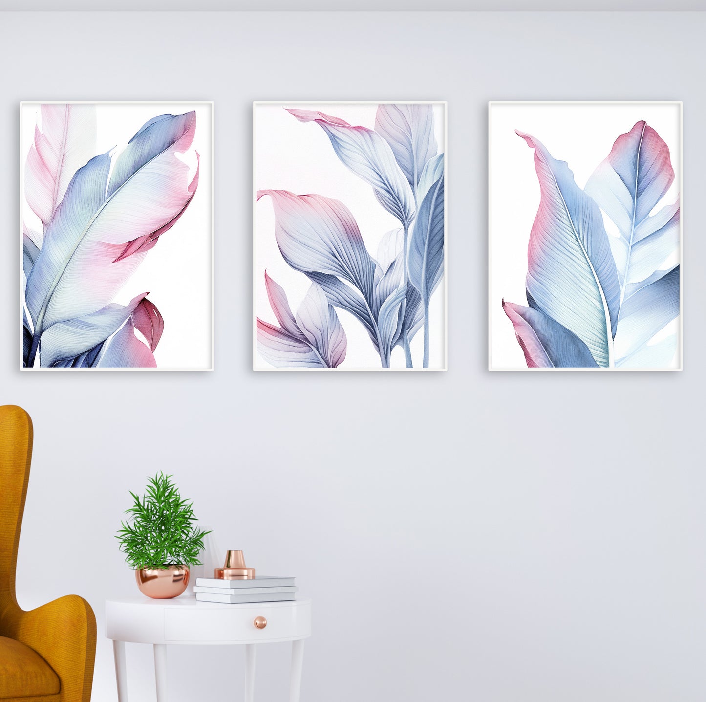 Delicate tropical leaf prints in blended pink and blue tones, ideal for cozy and elegant wall decor.