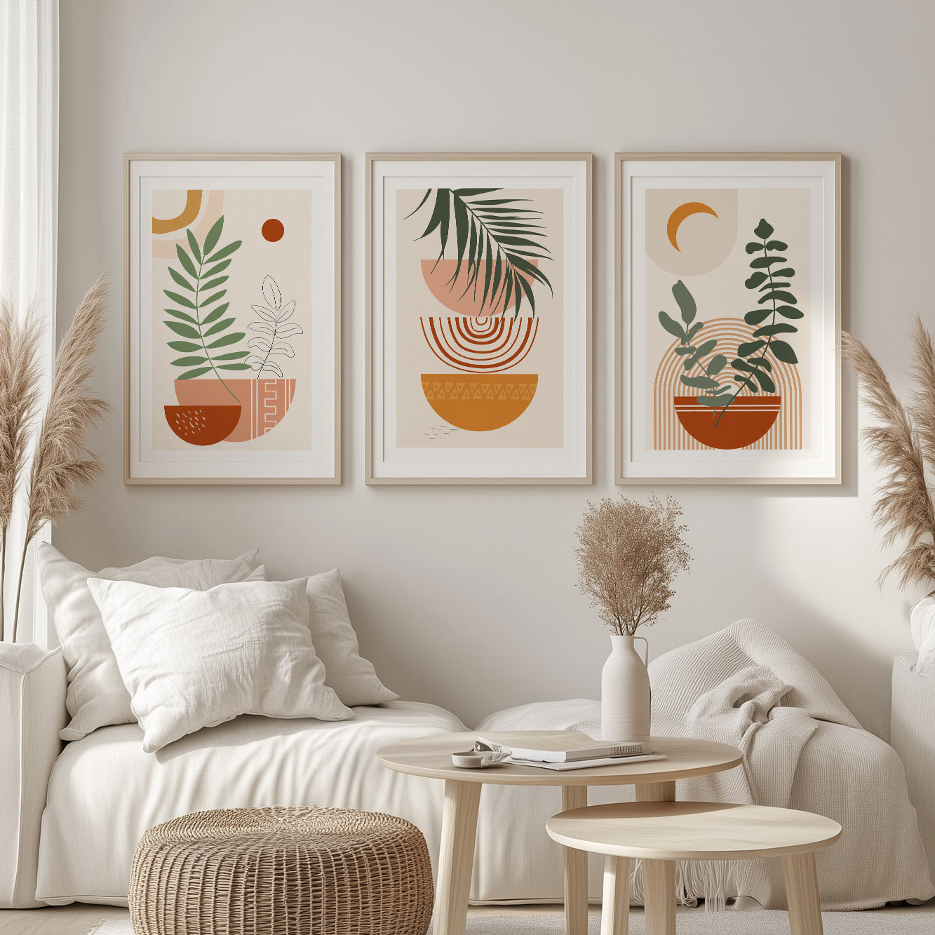 Terracotta Beige Boho Print Set – Mid Century Modern Neutral Wall Art, Large Above Bed Gallery Wall for Living Room or Bedroom
