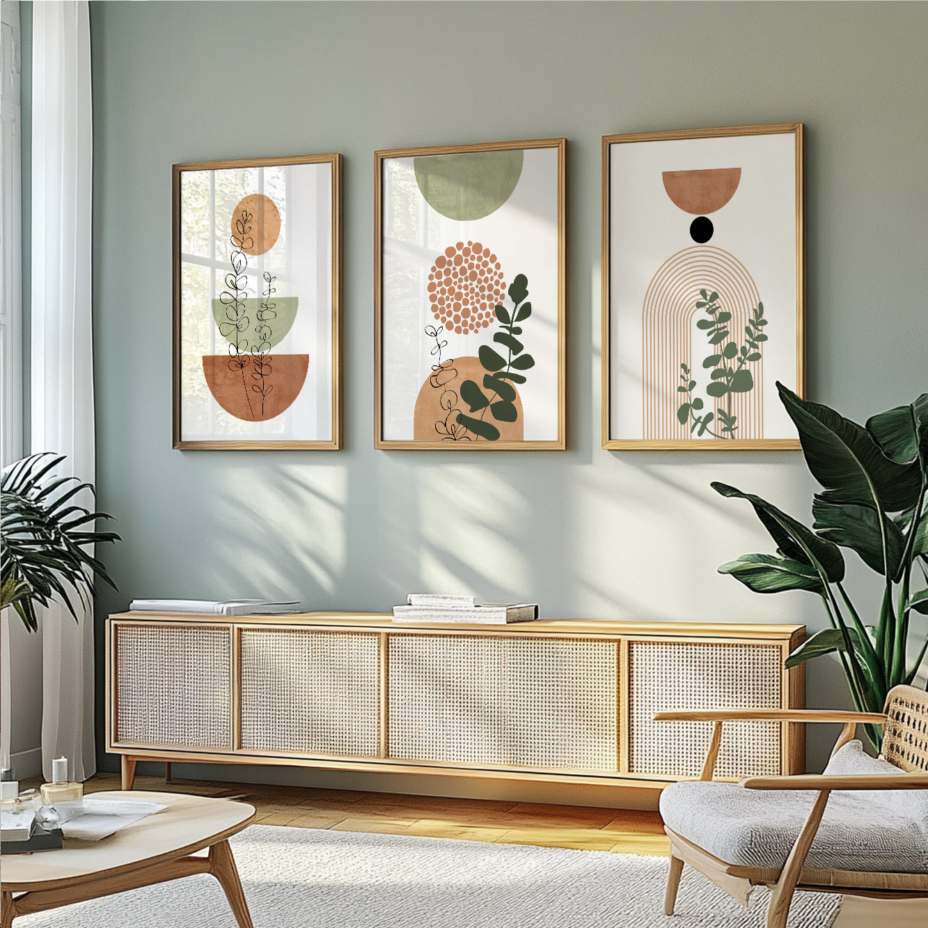 Mid century boho art prints – terracotta and green neutral tones, perfect for gallery walls or bedrooms.