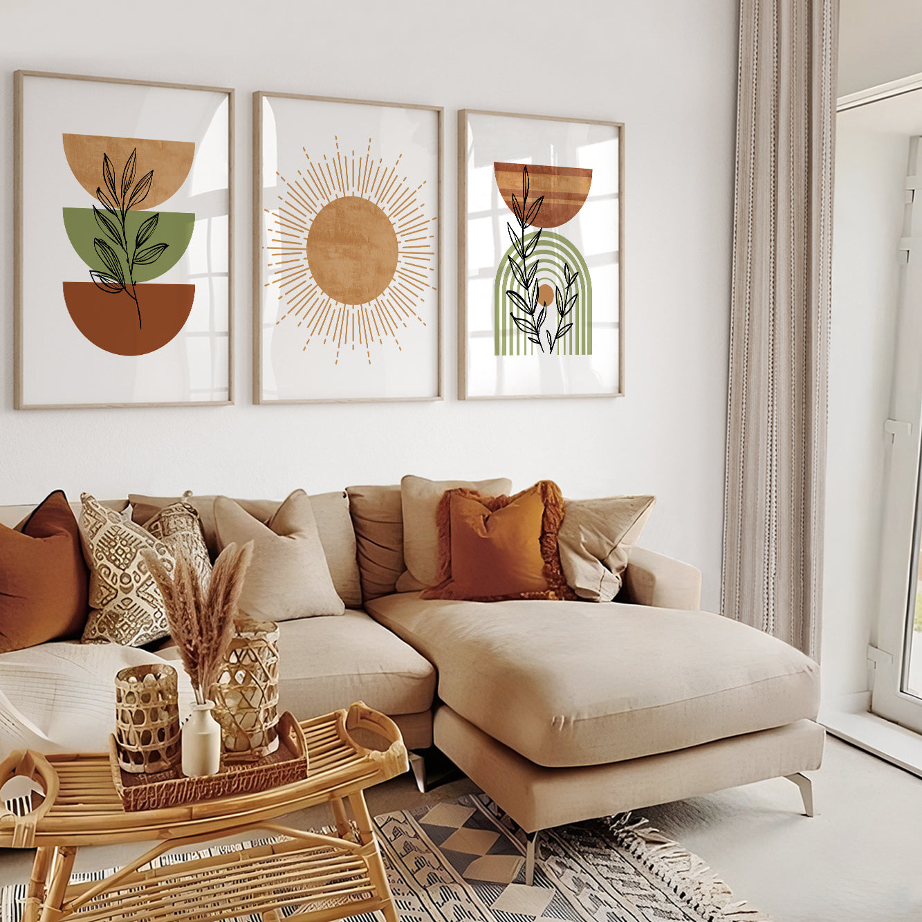 Terracotta Green Boho Wall Art Set of 3 – Mid Century Modern Neutral Prints, Large Gallery Wall Set for Bohemian Spaces
