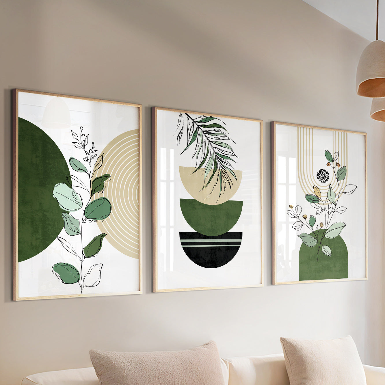 Bohemian neutral art trio featuring terracotta and green botanical designs.