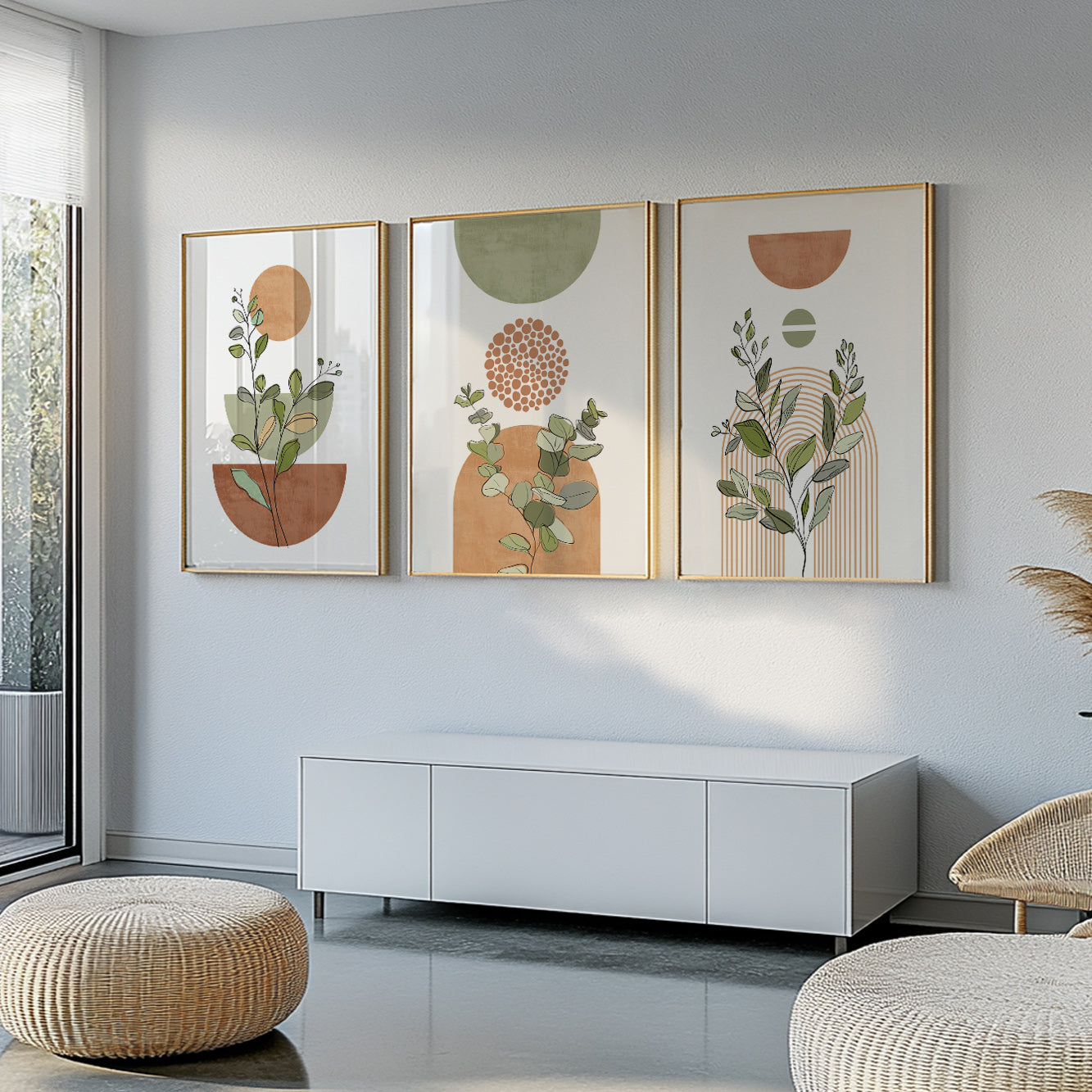 Terracotta Green Boho Print Set of 3 – Mid Century Modern Neutral Wall Art, Large Above Bed & Living Room Gallery Wall