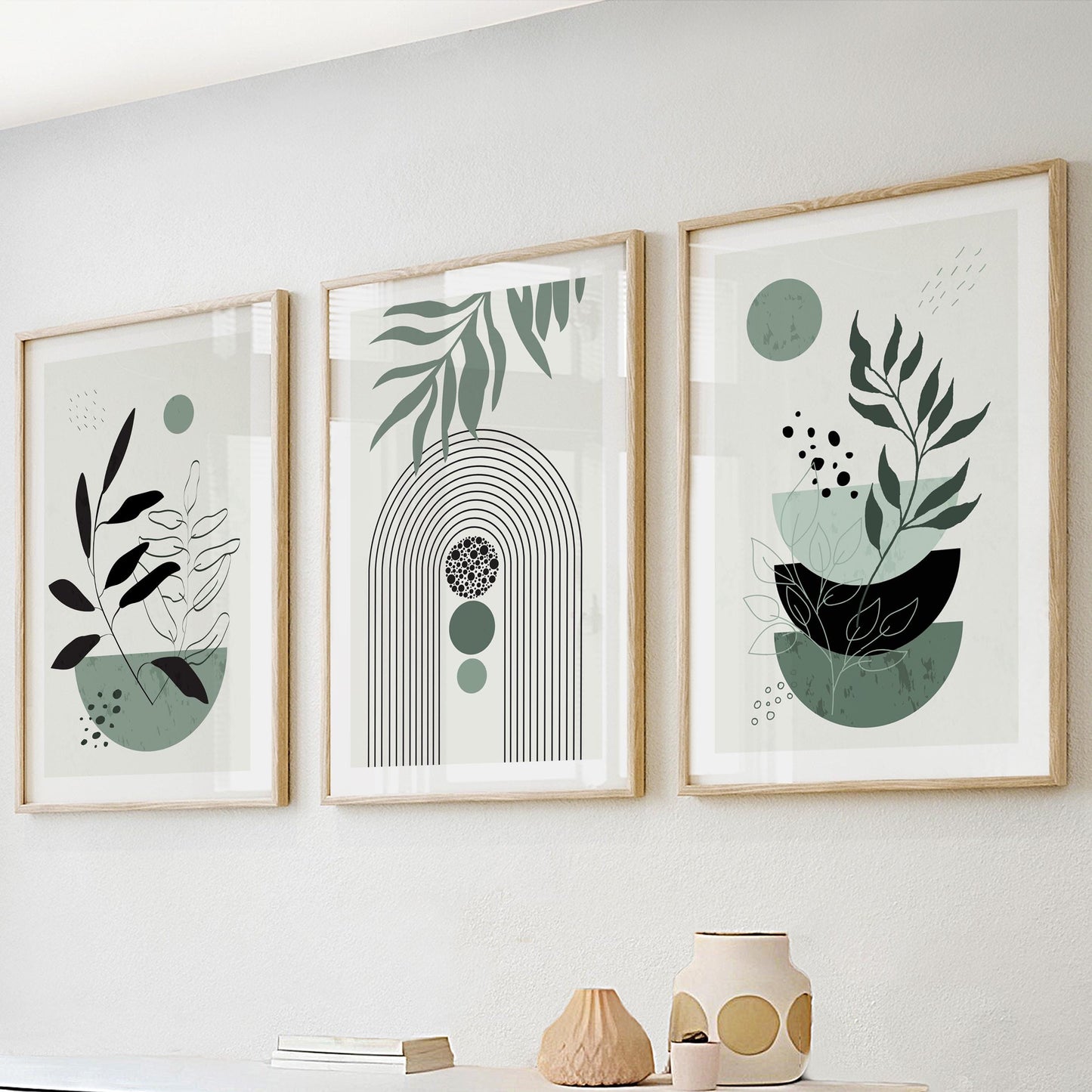 Bohemian sage green prints for bedroom nature wall decor in a set of three.