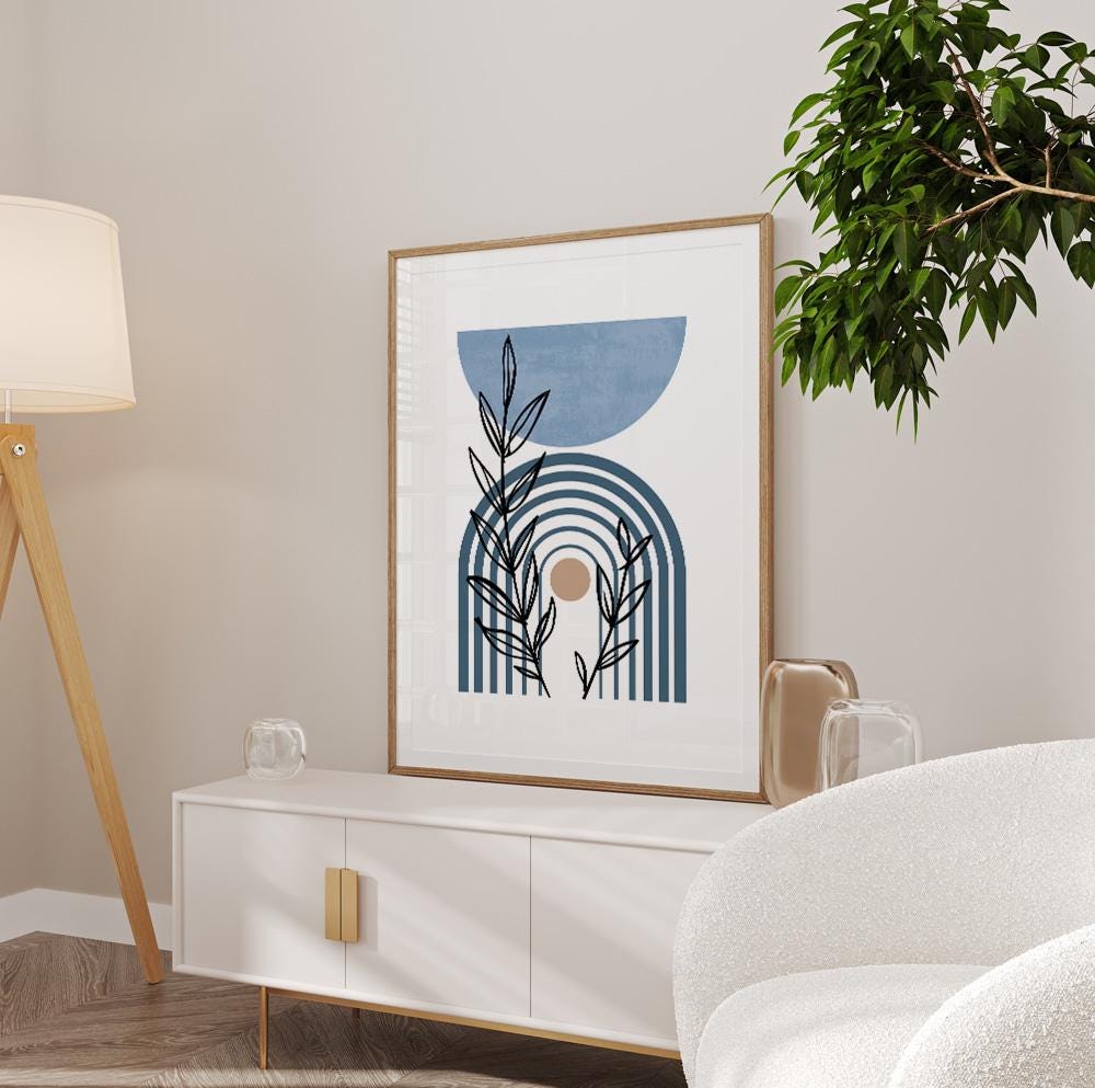 Blue boho art print with mid-century modern aesthetic for calm and elegant spaces.