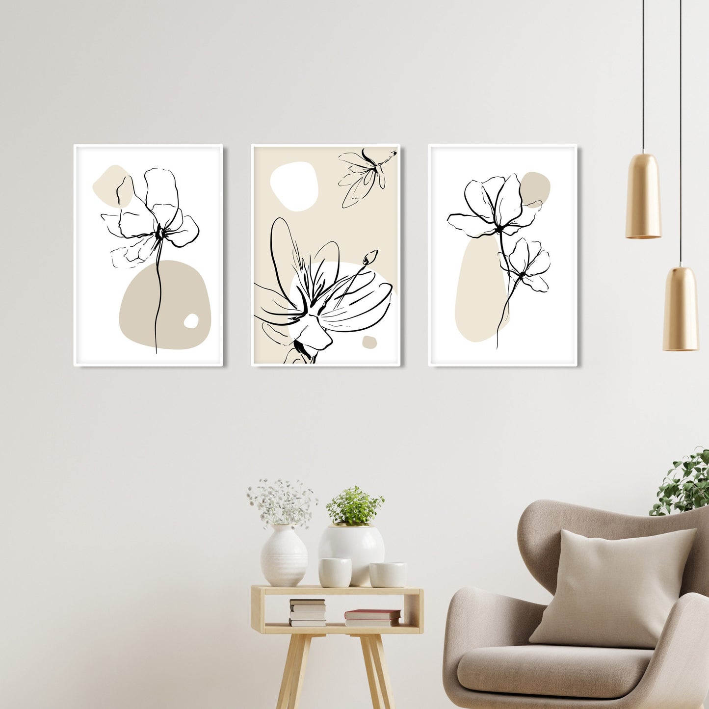 Boho floral neutral wall art set of three, ideal for mid-century bedroom decoration.