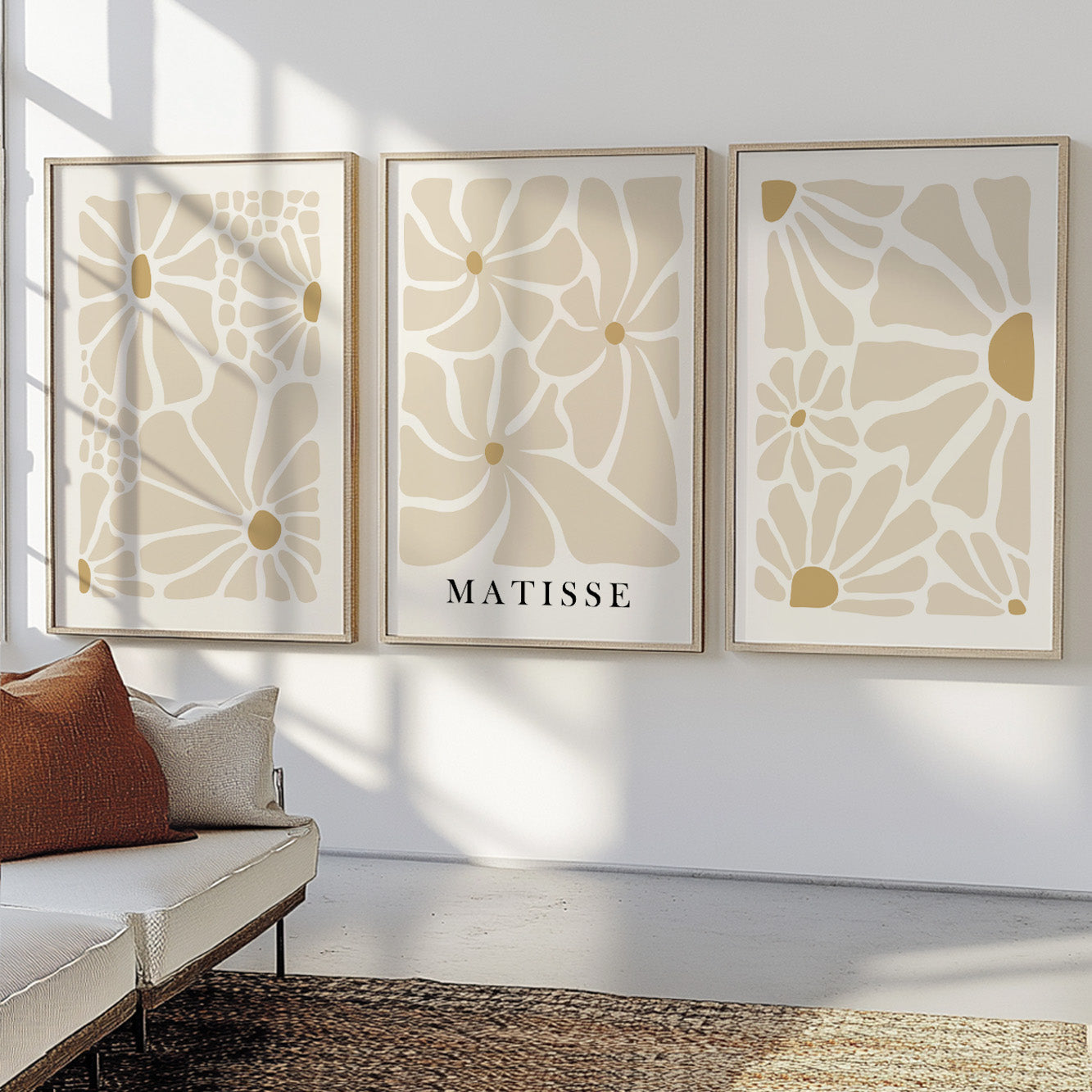 Abstract floral triptych – neutral beige Matisse-inspired prints for above bed boho styling.