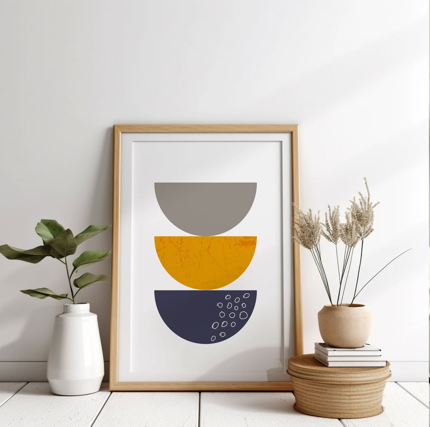 Boho gallery wall art set in blue and mustard yellow, perfect for trendy living rooms.