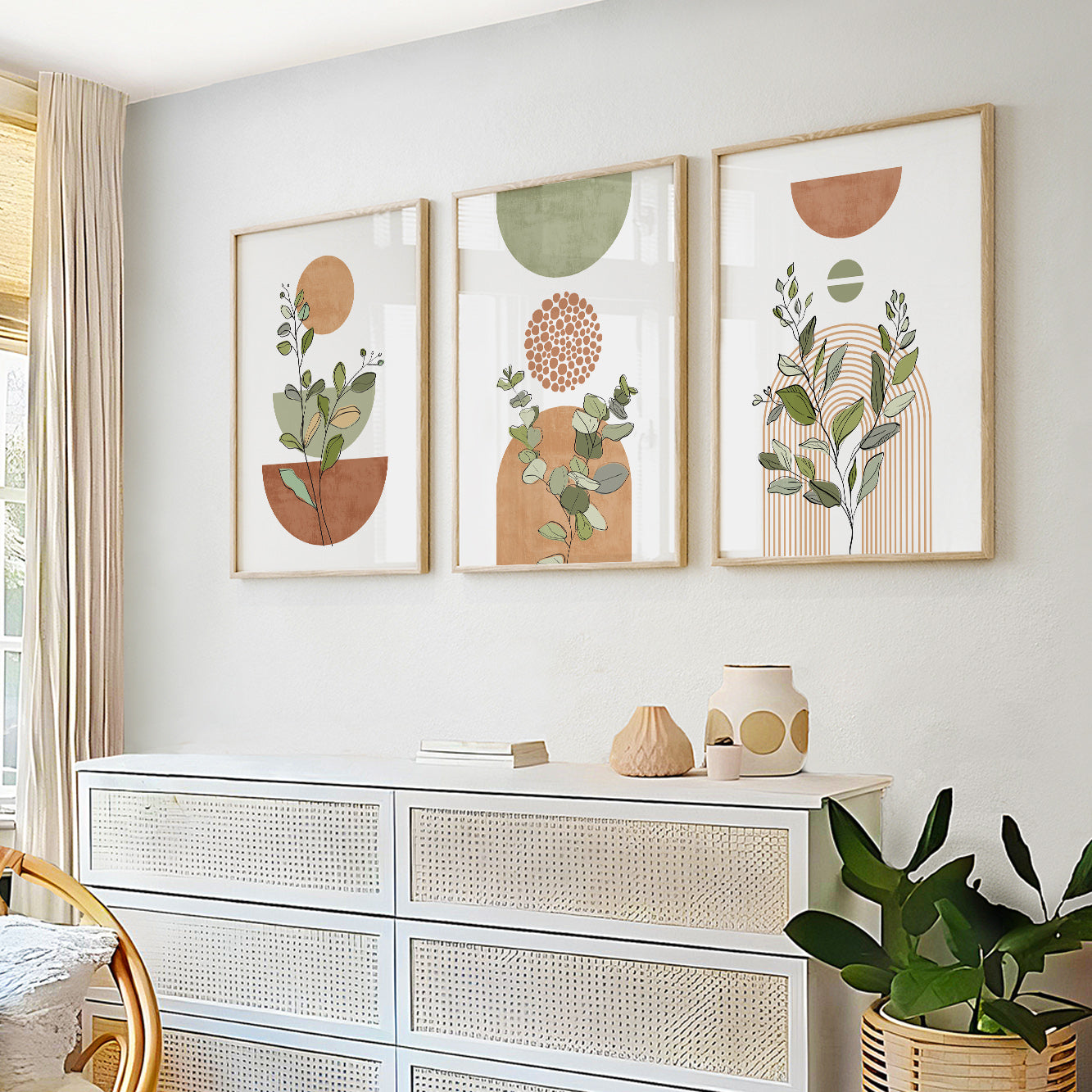 Terracotta Green Boho Gallery Wall Set of 3 – Mid Century Modern Neutral Posters for Living Room & Bedroom, Large Prints