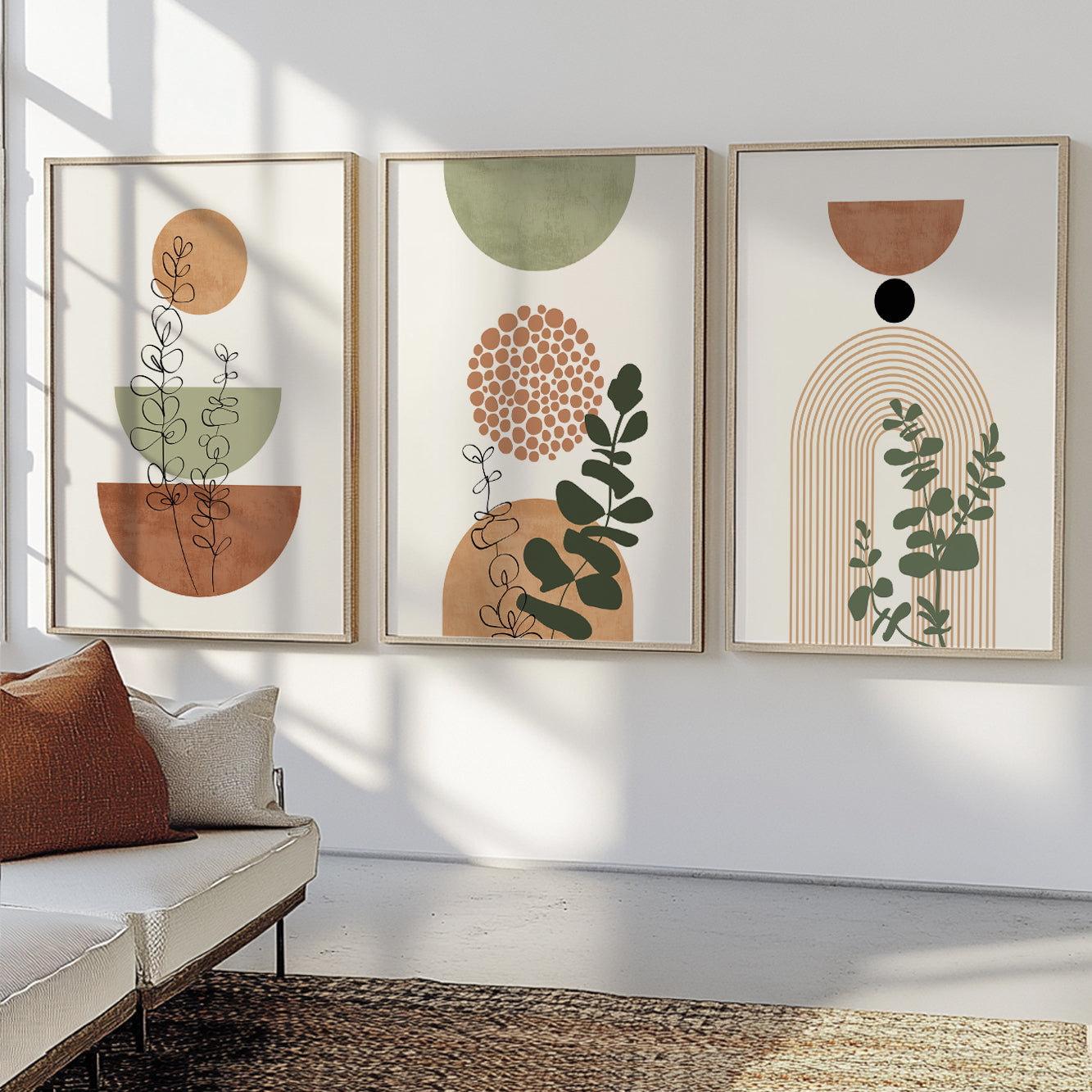 Neutral bohemian wall art set of 3 – large terracotta green posters for above bed or living room decor.