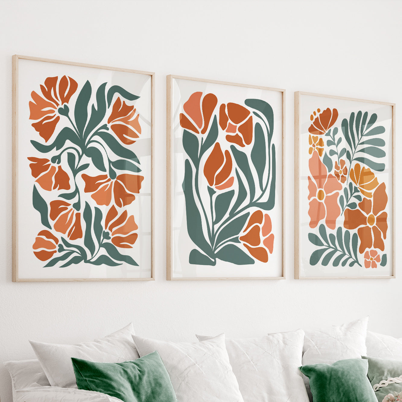 Boho Floral Wall Art Set of 3 – Light Terracotta Minimalist Mid Century Prints for Bedroom Decor