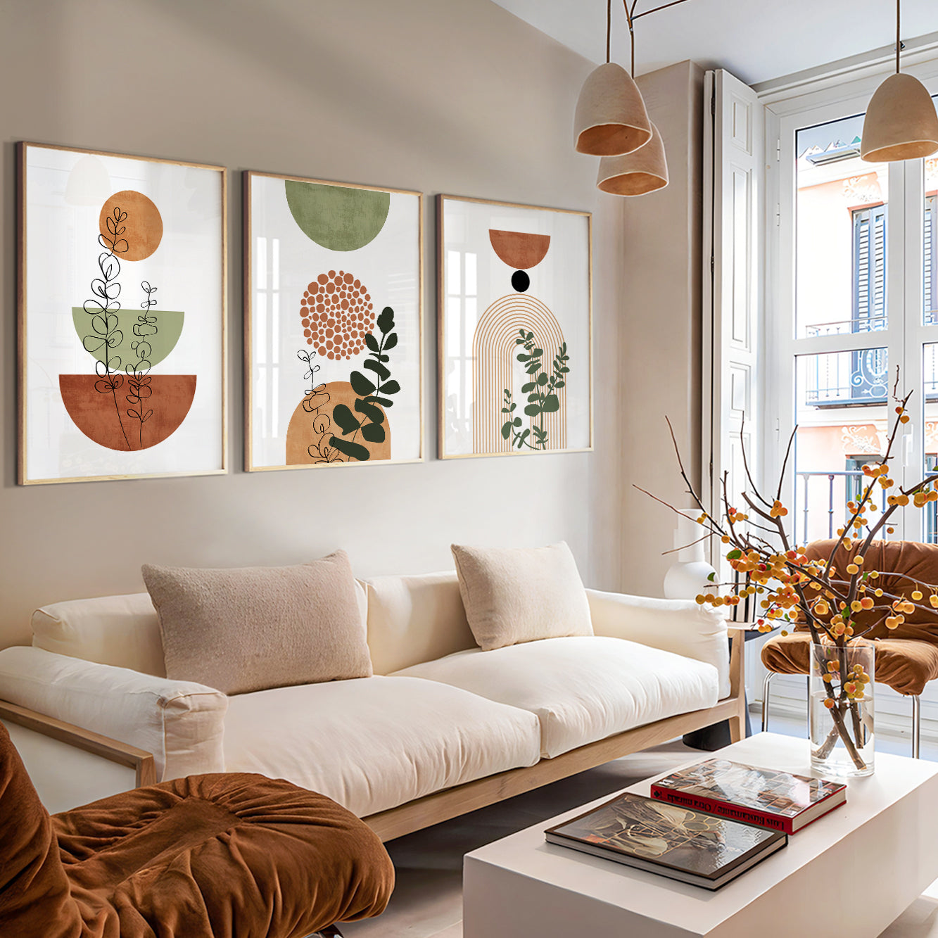 Large boho wall prints – neutral terracotta green set of 3 for modern living room or bedroom spaces.