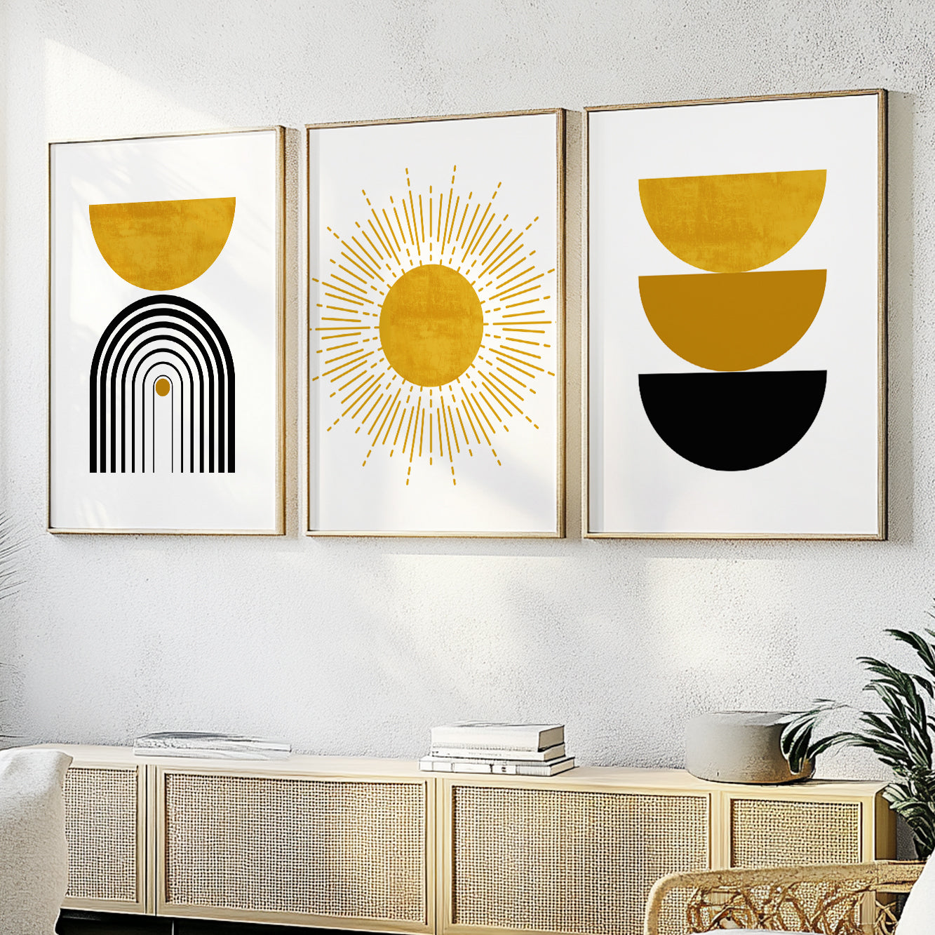 Black and Mustard Yellow Boho Wall Art – Set of 3 Modern Prints for Living Room