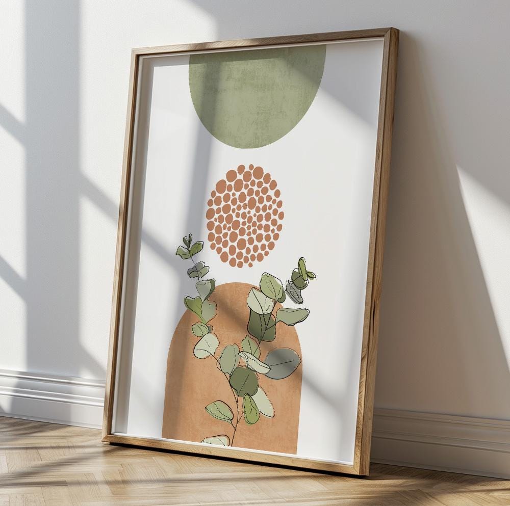 Boho mid-century modern print with green and terracotta hues, perfect for bedroom styling.