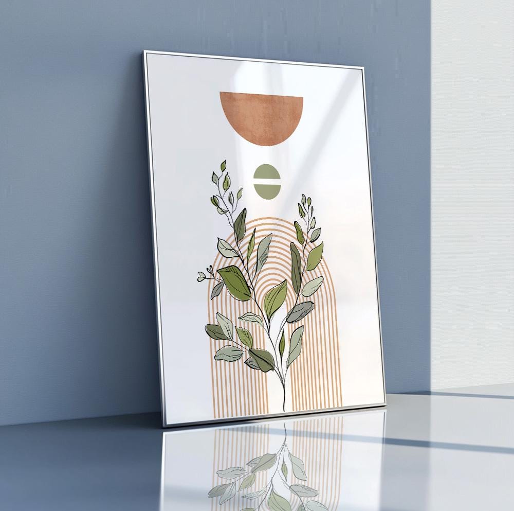 Boho minimalist room decor print in neutral colors with a soft pastel botanical theme.