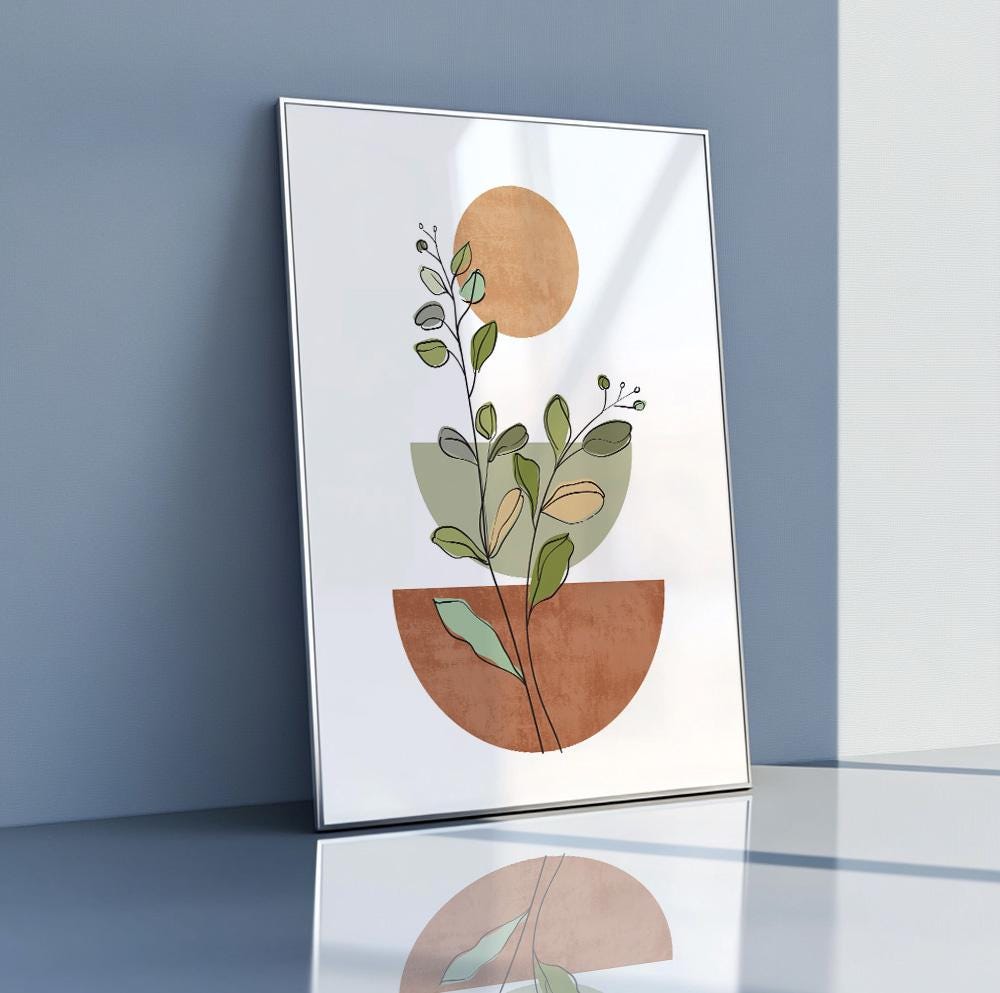 Boho neutral print with terracotta and green tones for modern bedroom wall styling.