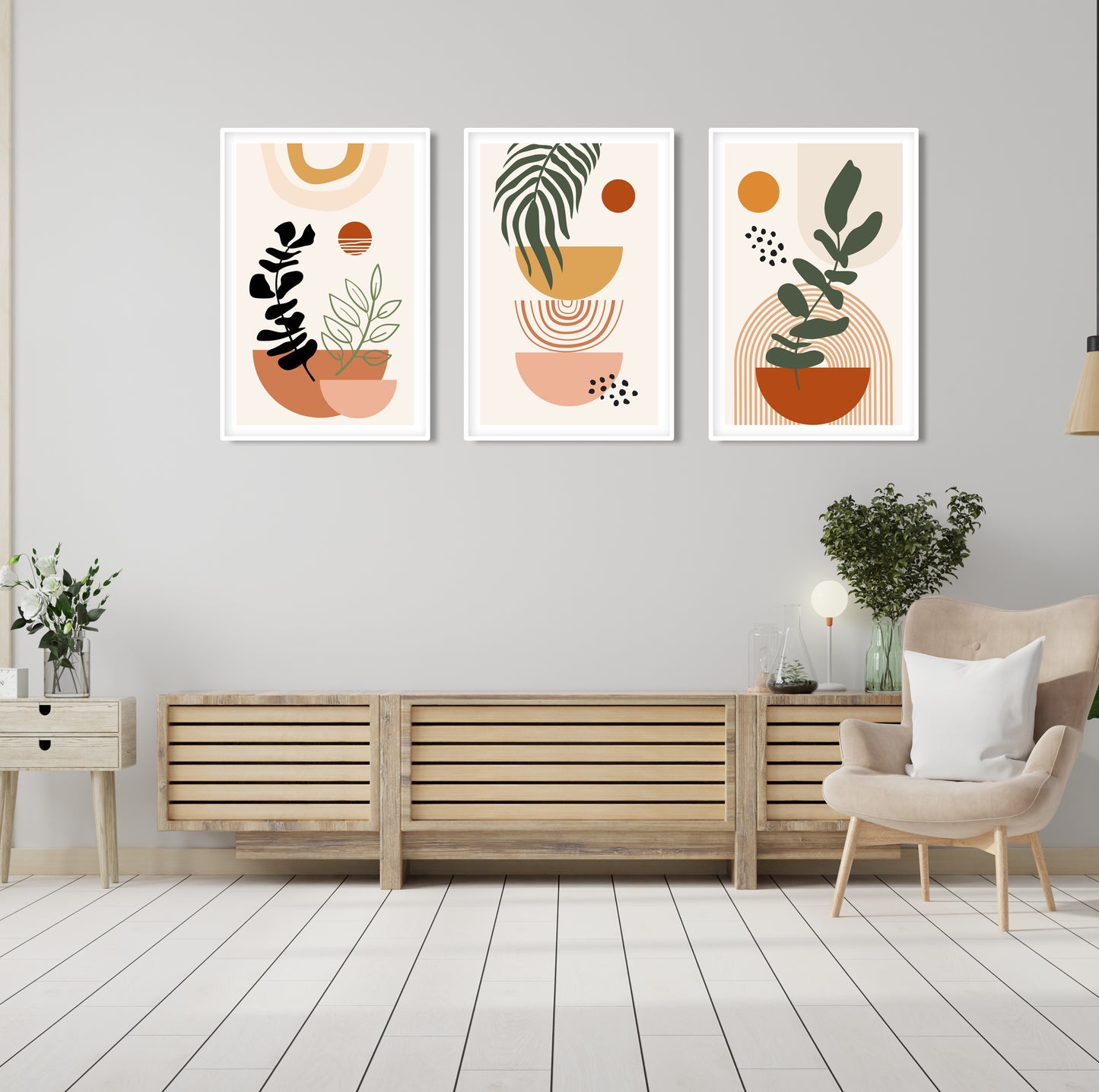 Beige and terracotta abstract art trio for boho-style gallery wall, modern minimalist bedroom or living space
