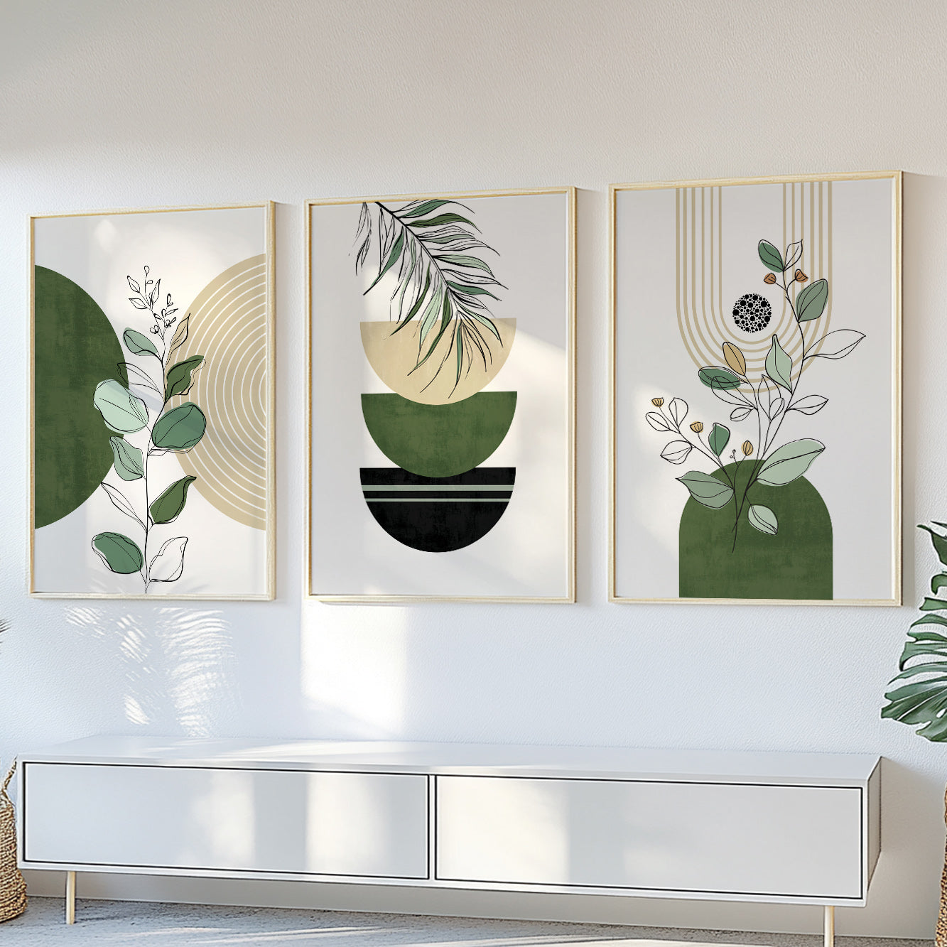 Boho terracotta and green triptych gallery wall art set for mid-century modern interiors.