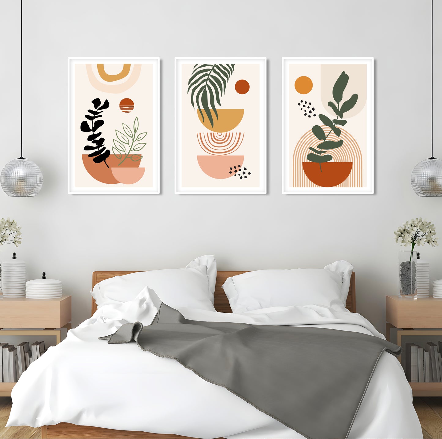 Set of 3 boho terracotta prints with beige abstract shapes, perfect for mid-century modern or minimalist gallery wall