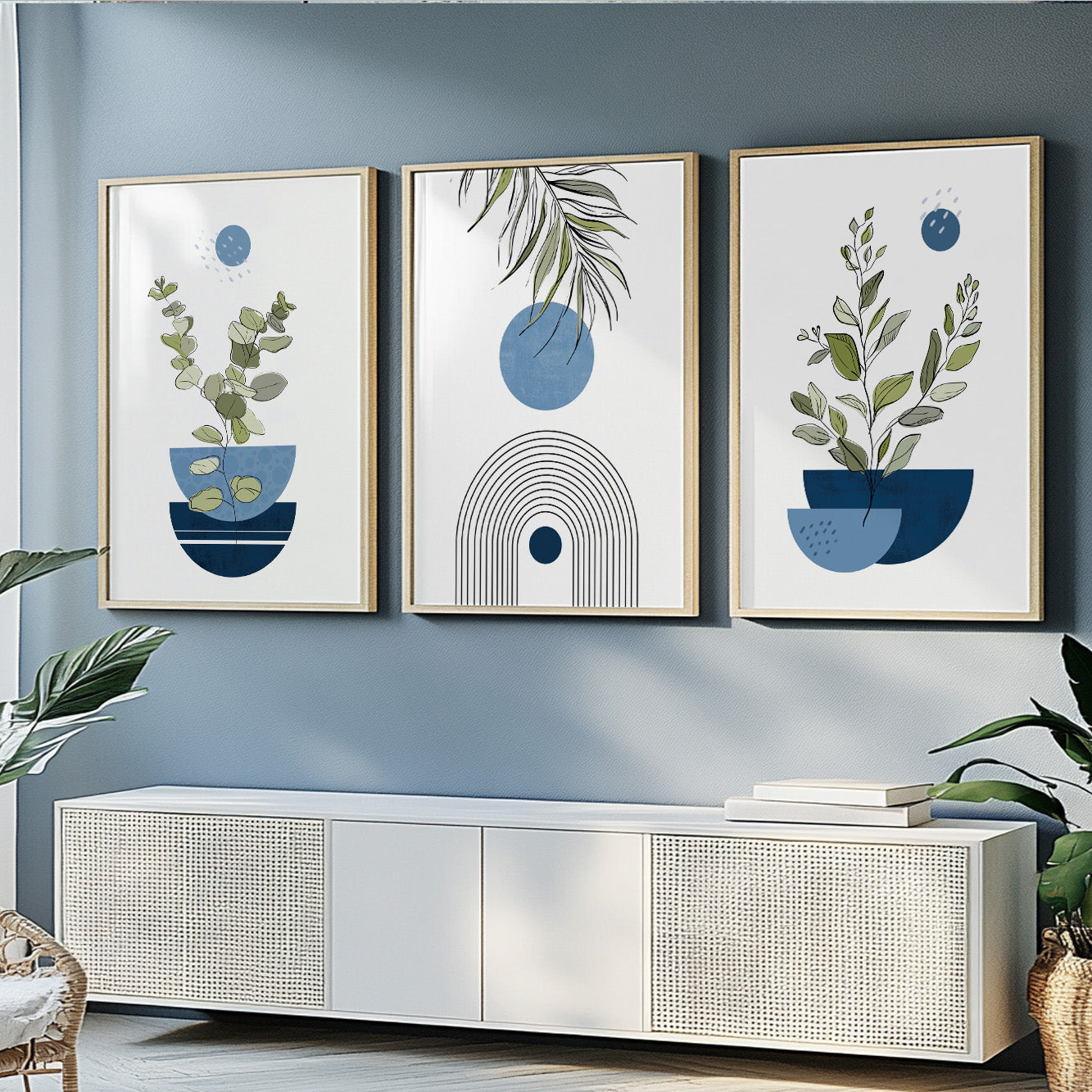 Navy blue botanical wall decor – abstract mid century modern prints in a set of three for bedroom walls.
