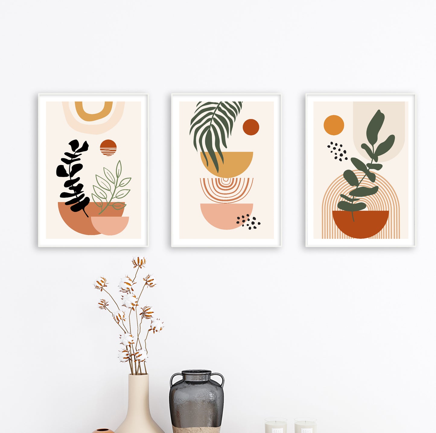 Modern abstract plant print with a dark green plant in a terracotta pot over arched lines and orange circle.