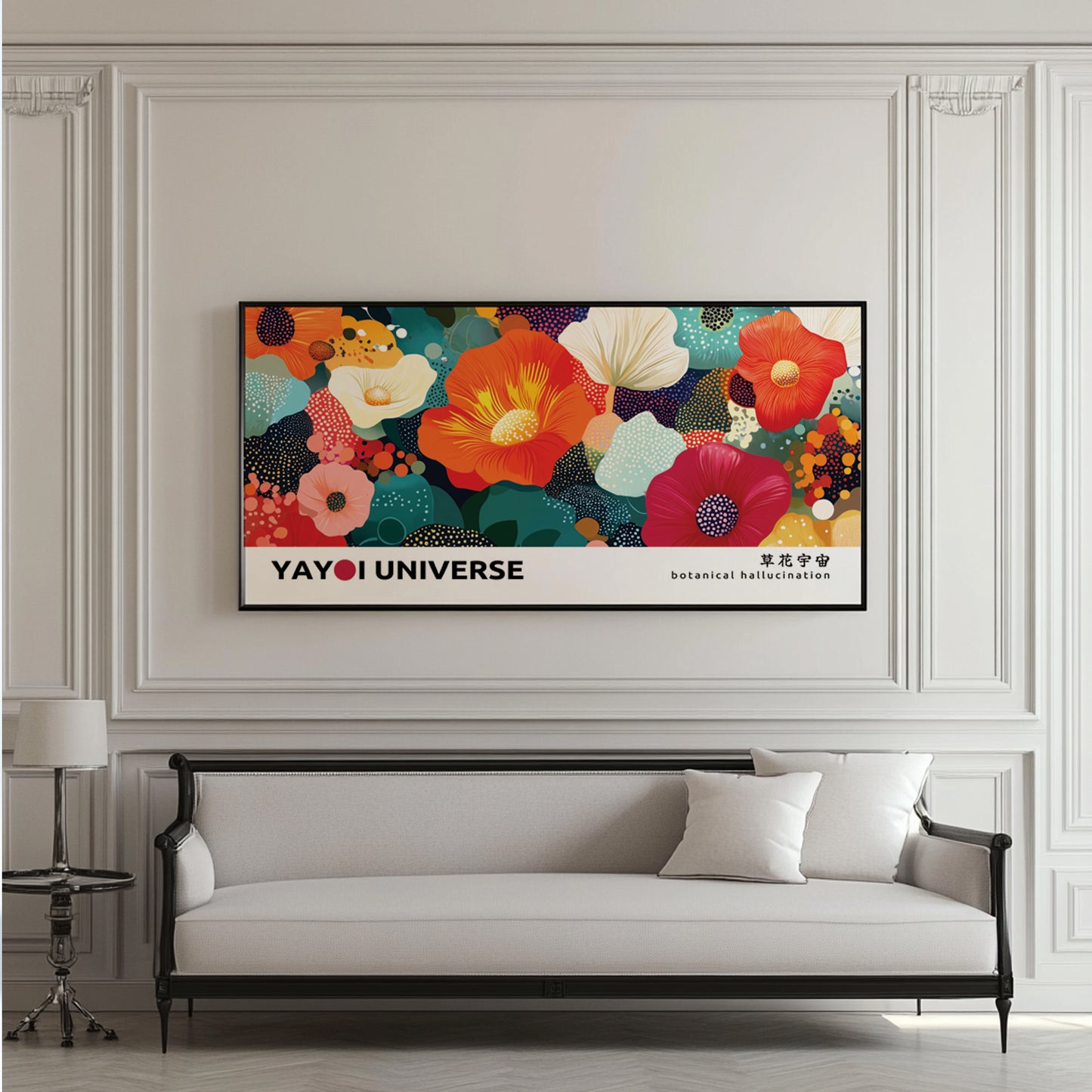Panoramic floral poster – Kusama-style colorful wall art for Japandi or artistic interiors.