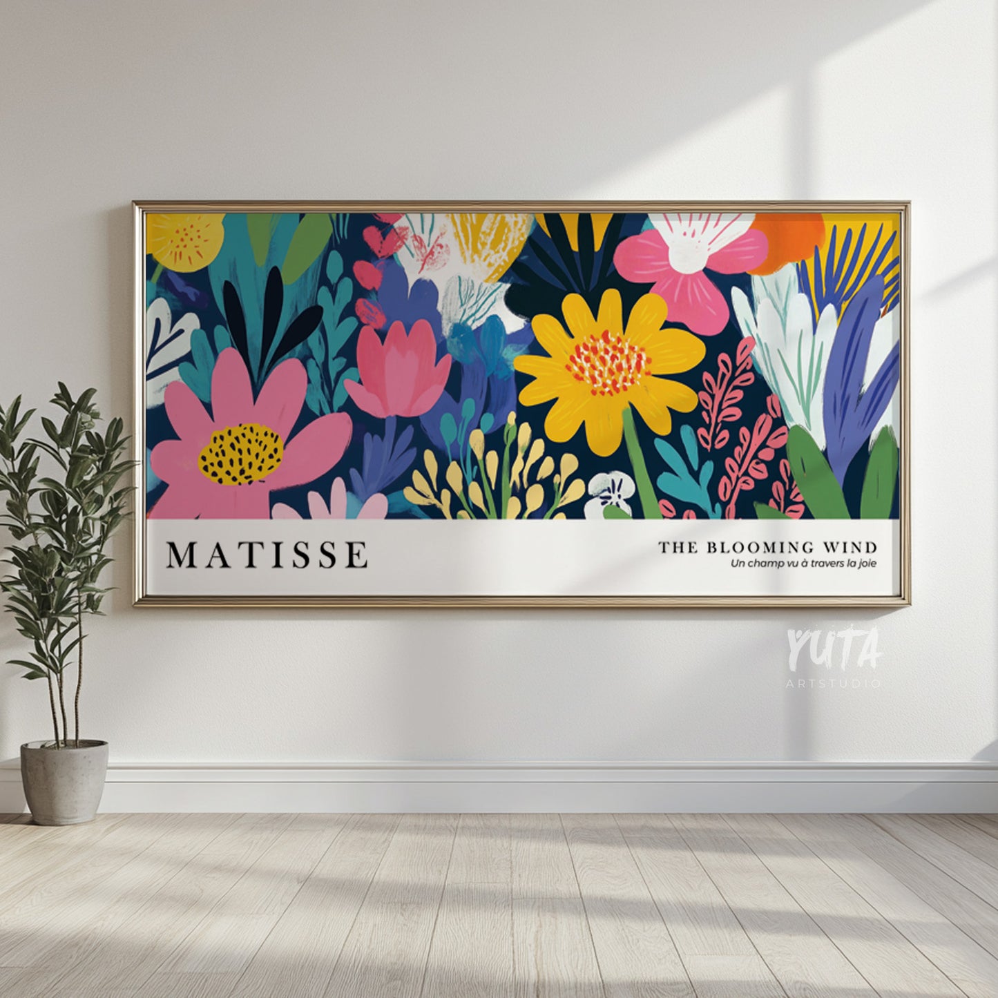 Abstract botanical flower poster in bold pink, yellow and blue