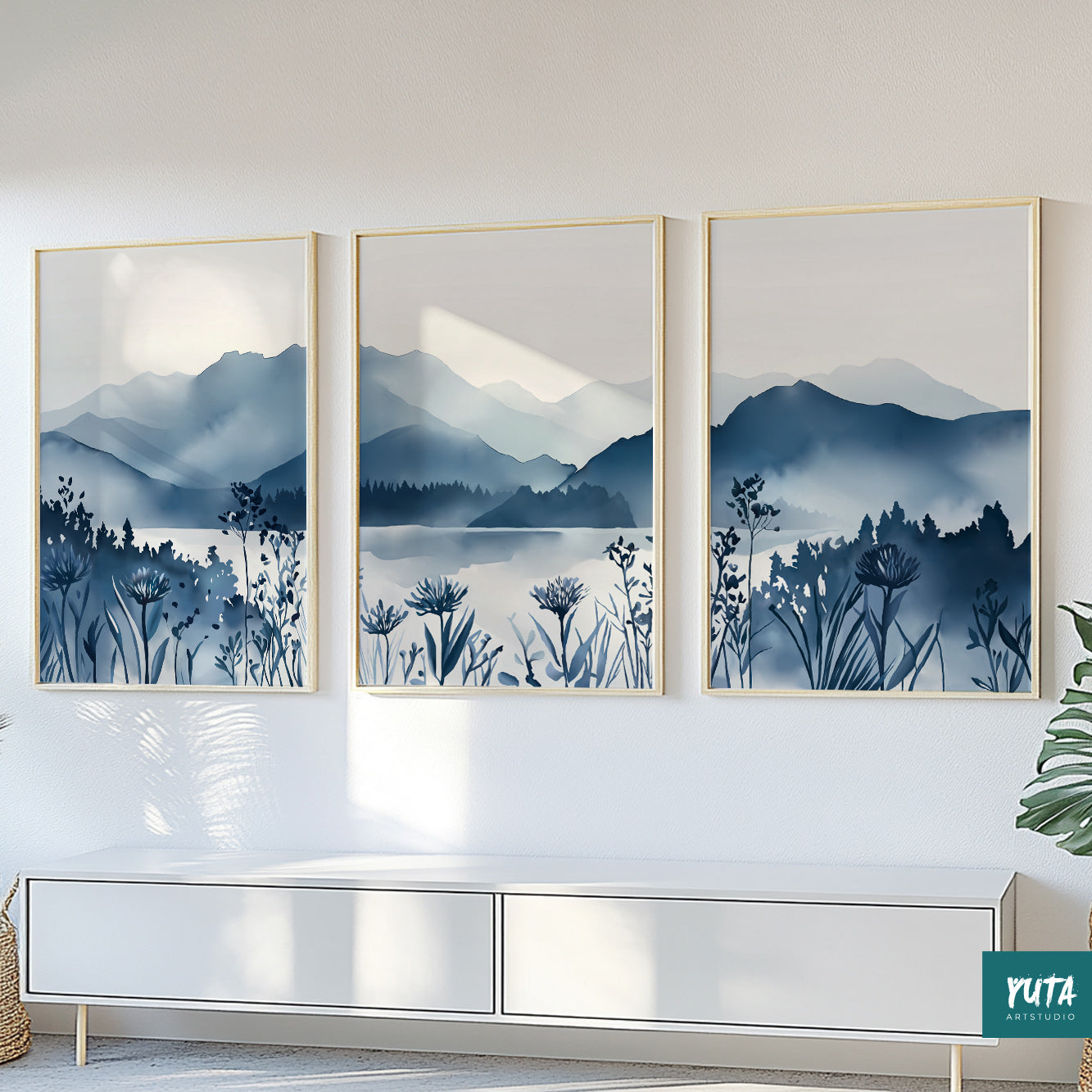 Botanical blue mountain triptych wall decor for minimalist and Nordic spaces.