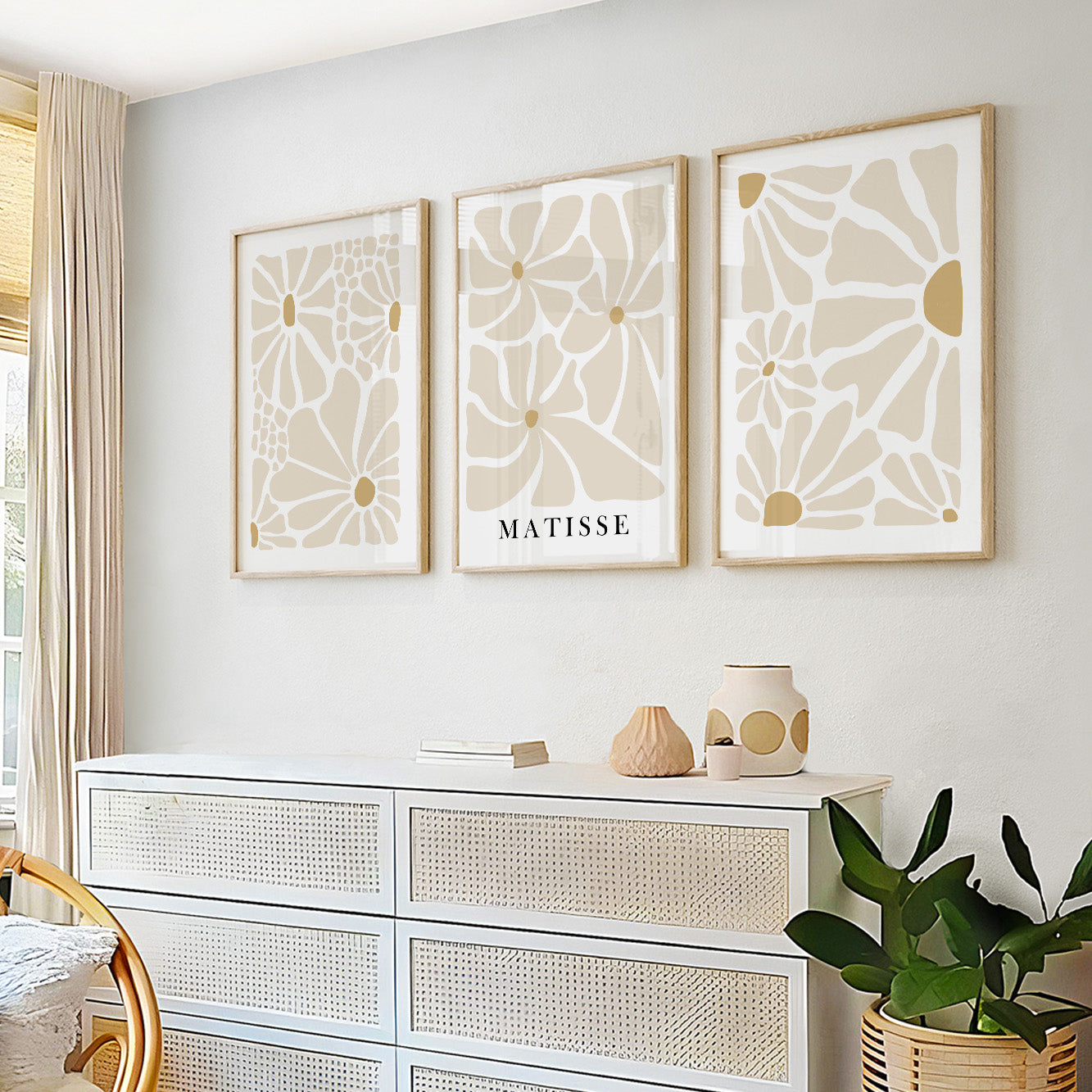 Matisse flower wall decor – beige abstract boho set of 3 for soft neutral interior design.