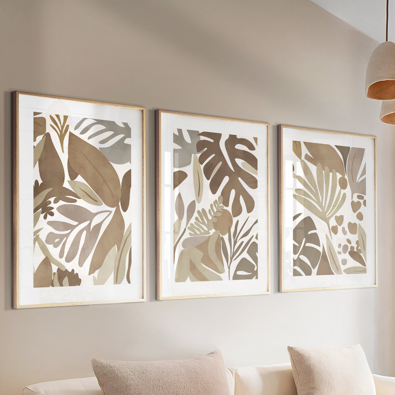 Set of 3 botanical wall prints – beige tropical art in pastel tones for mid-century modern spaces