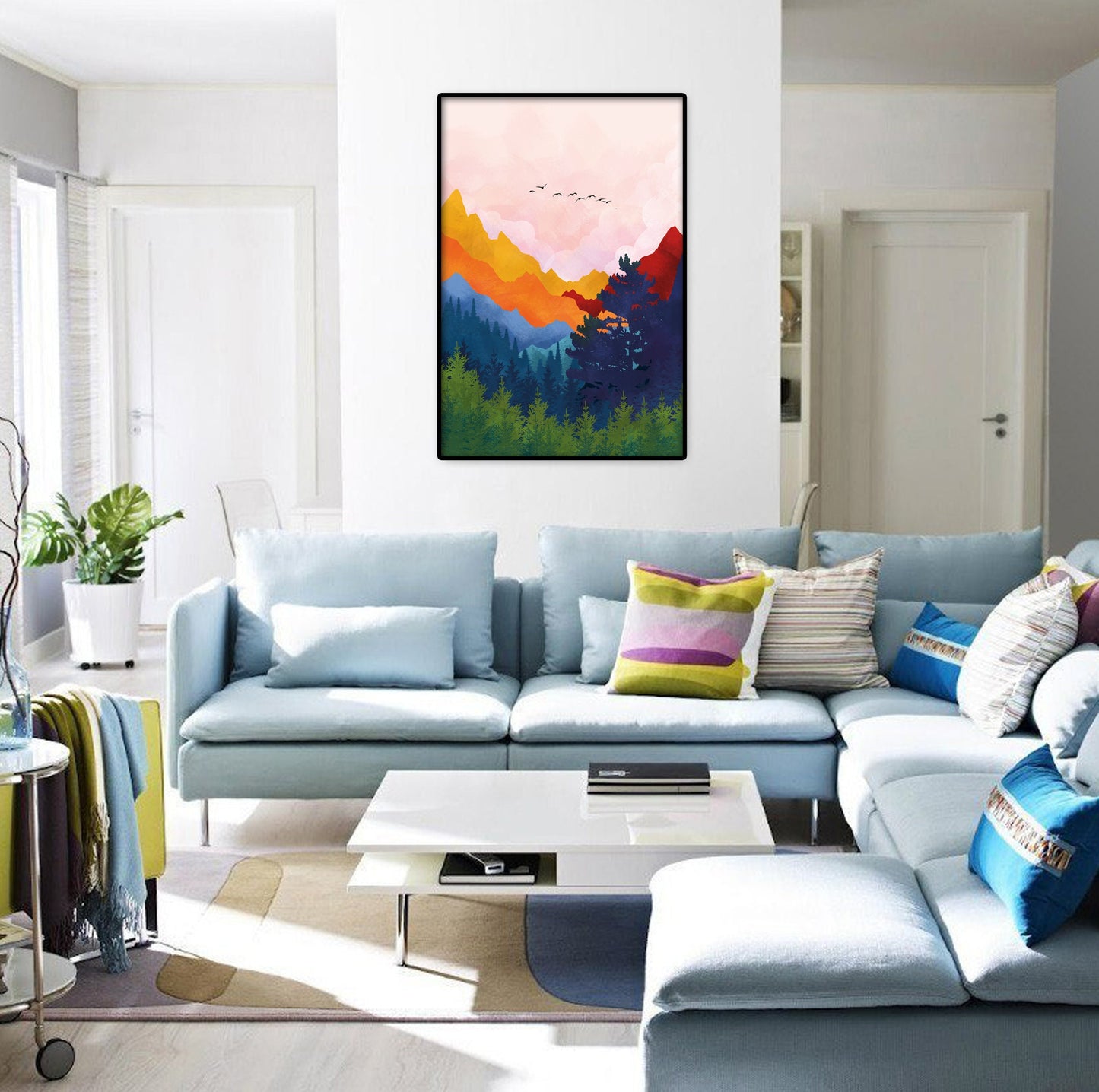 Modern Nordic painting featuring bright abstract mountains in vivid colors.