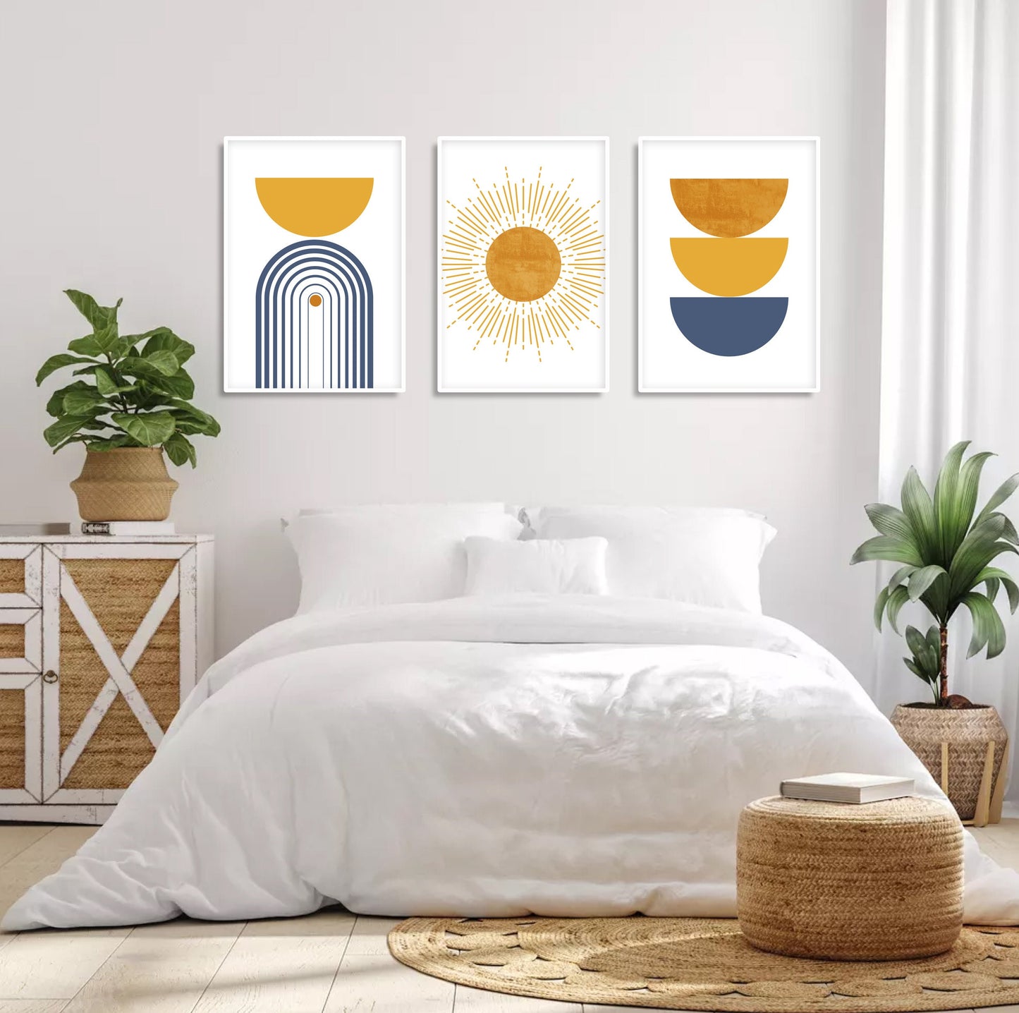 Colorful boho triptych in blue and mustard tones, perfect for trendy living room decor.