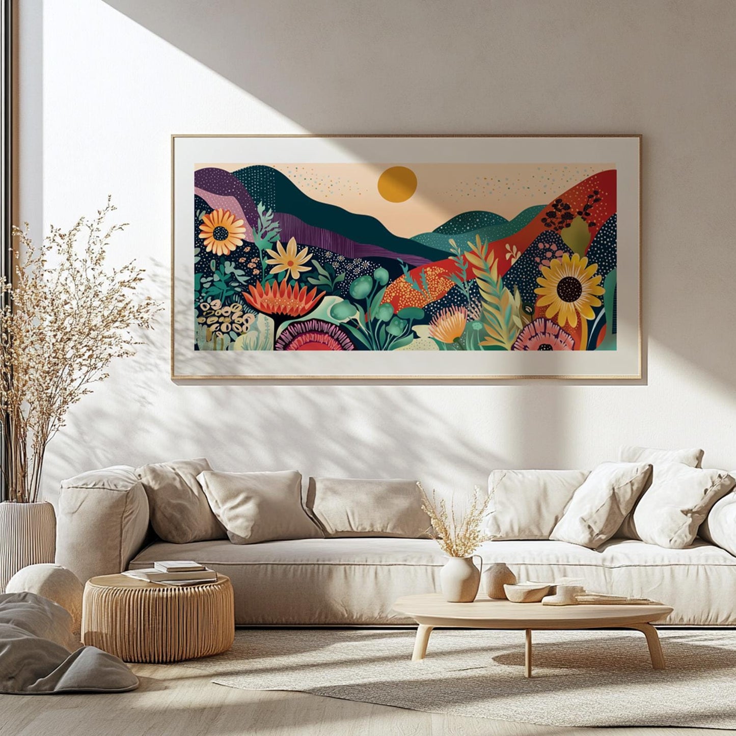 Panoramic abstract mountain wall art inspired by Yayoi Kusama, featuring colorful floral shapes and vibrant nature elements in a long narrow format.