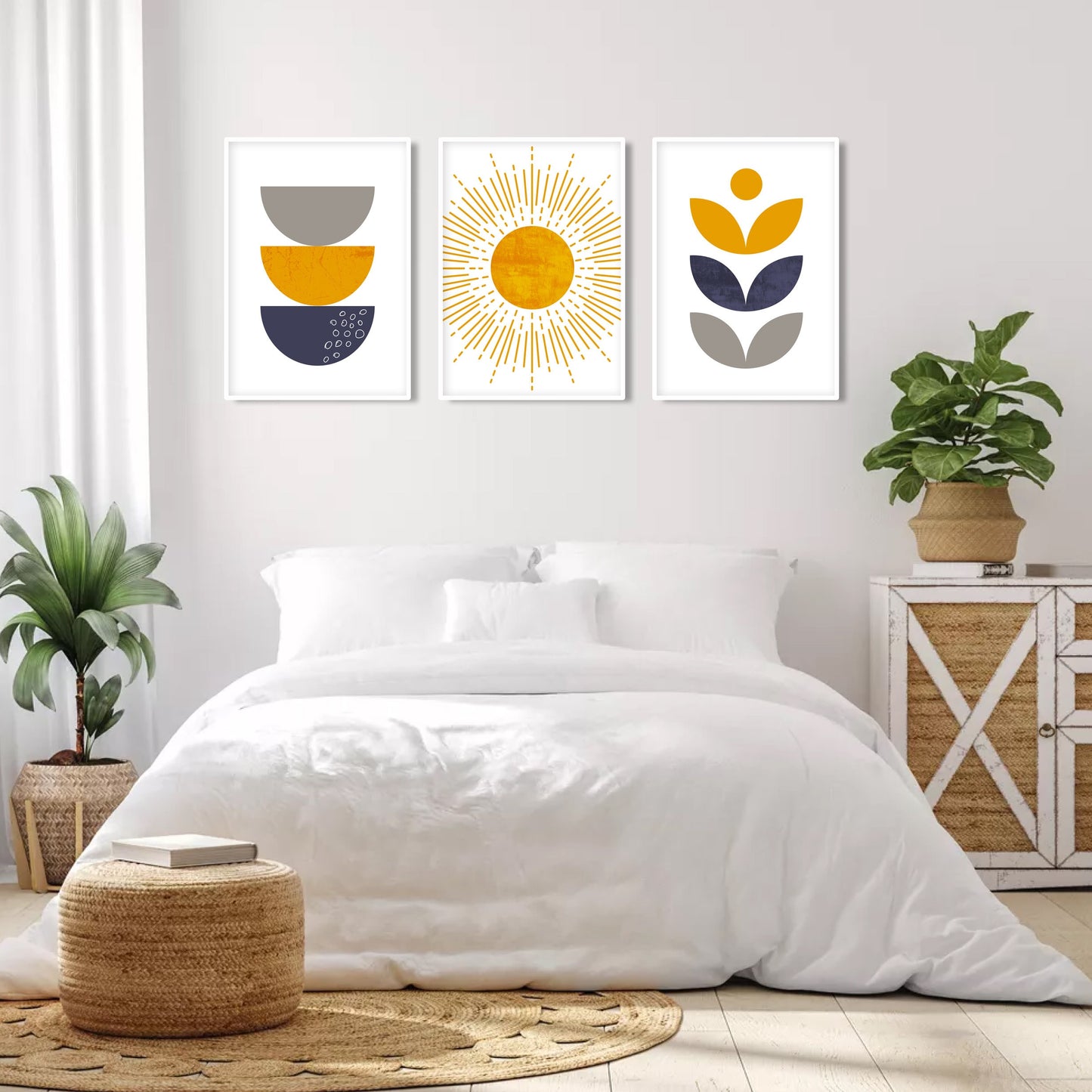 Colorful mid-century modern boho prints in blue and mustard tones for living room decor.