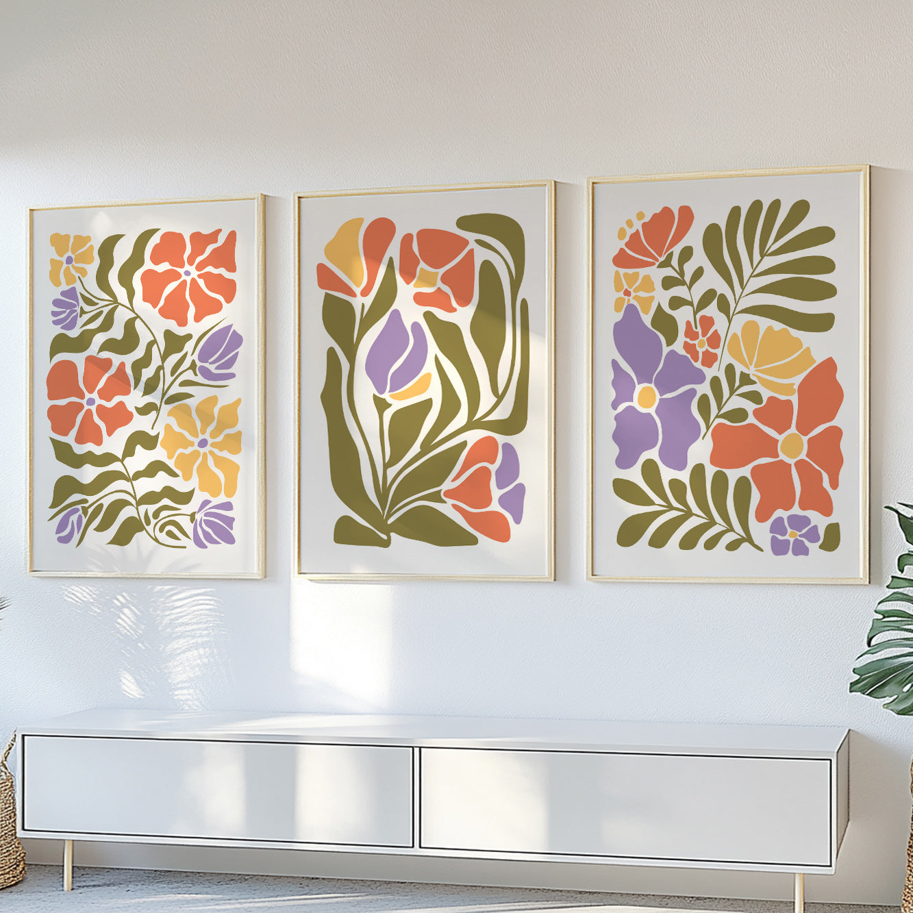 Light colorful minimalist botanical art prints inspired by Matisse for vintage trendy bedroom decor.