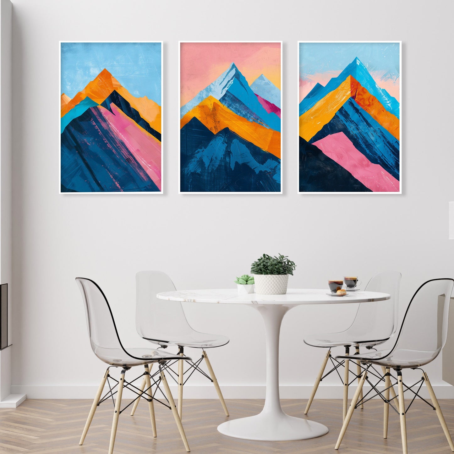 Vibrant nature prints featuring abstract mountains in blue and pink – set of 3.