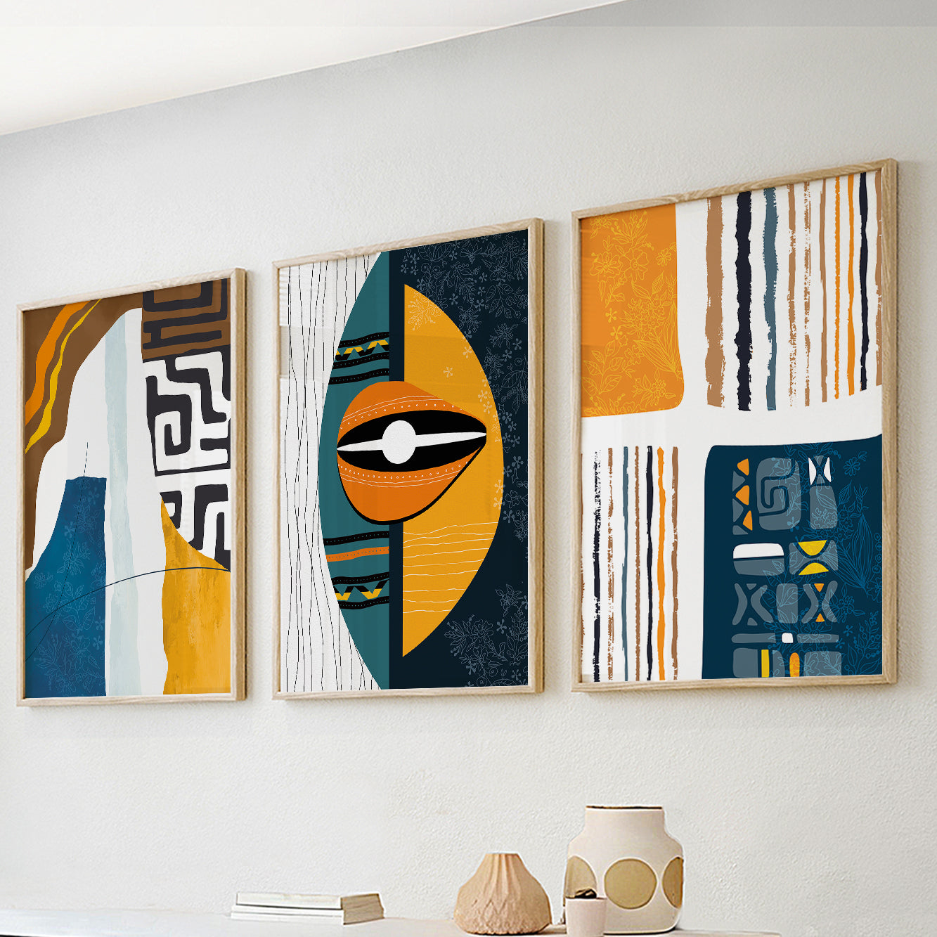 Large African American art set – 3 abstract colorful prints, tribal-inspired wall decor for aesthetic spaces